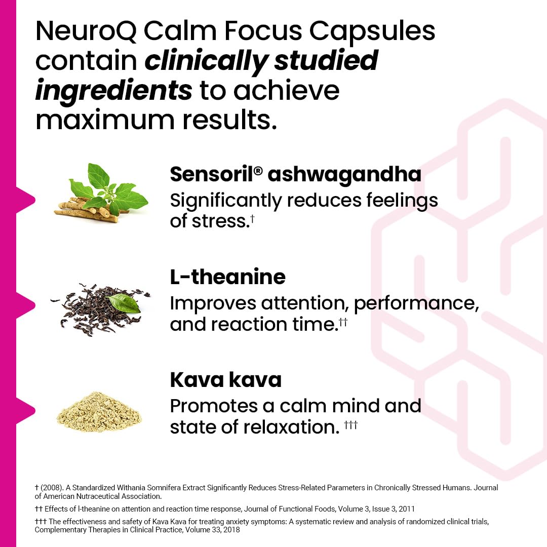 NeuroQ Calm Focus Capsules - Stress Relief Supplement - Supports Mental Function & Relaxation - Sensoril Ashwagandha, Magnesium, GABA, L-Theanine, Andean Cocoa & Kava Kava - 60 Capsules