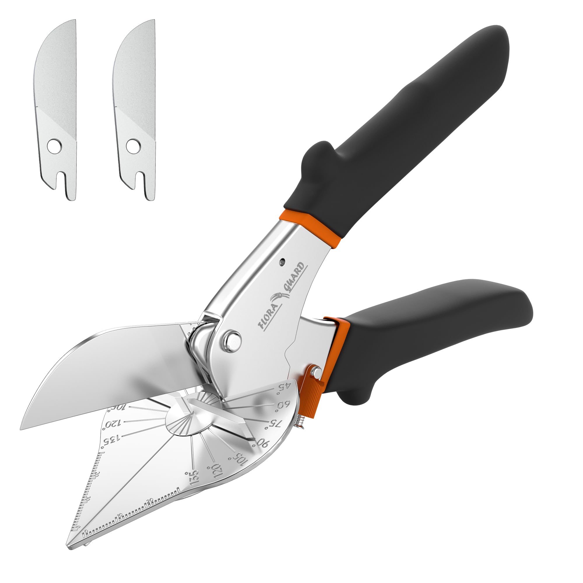 FLORA GUARD Miter Shears, Trimming Scissors for Angular Cutting of Molding, Adjustable at 45 to 135 Degrees, Hand Tool for Baseboard, PVC, DIY, Carpentry, and Crafts, with 2 Replacement Blades