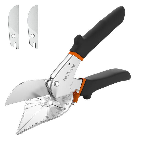 FLORA GUARD Miter Shears, Trimming Scissors for Angular Cutting of Molding, Adjustable at 45 to 135 Degrees, Hand Tool for Baseboard, PVC, DIY, Carpentry, and Crafts, with 2 Replacement Blades