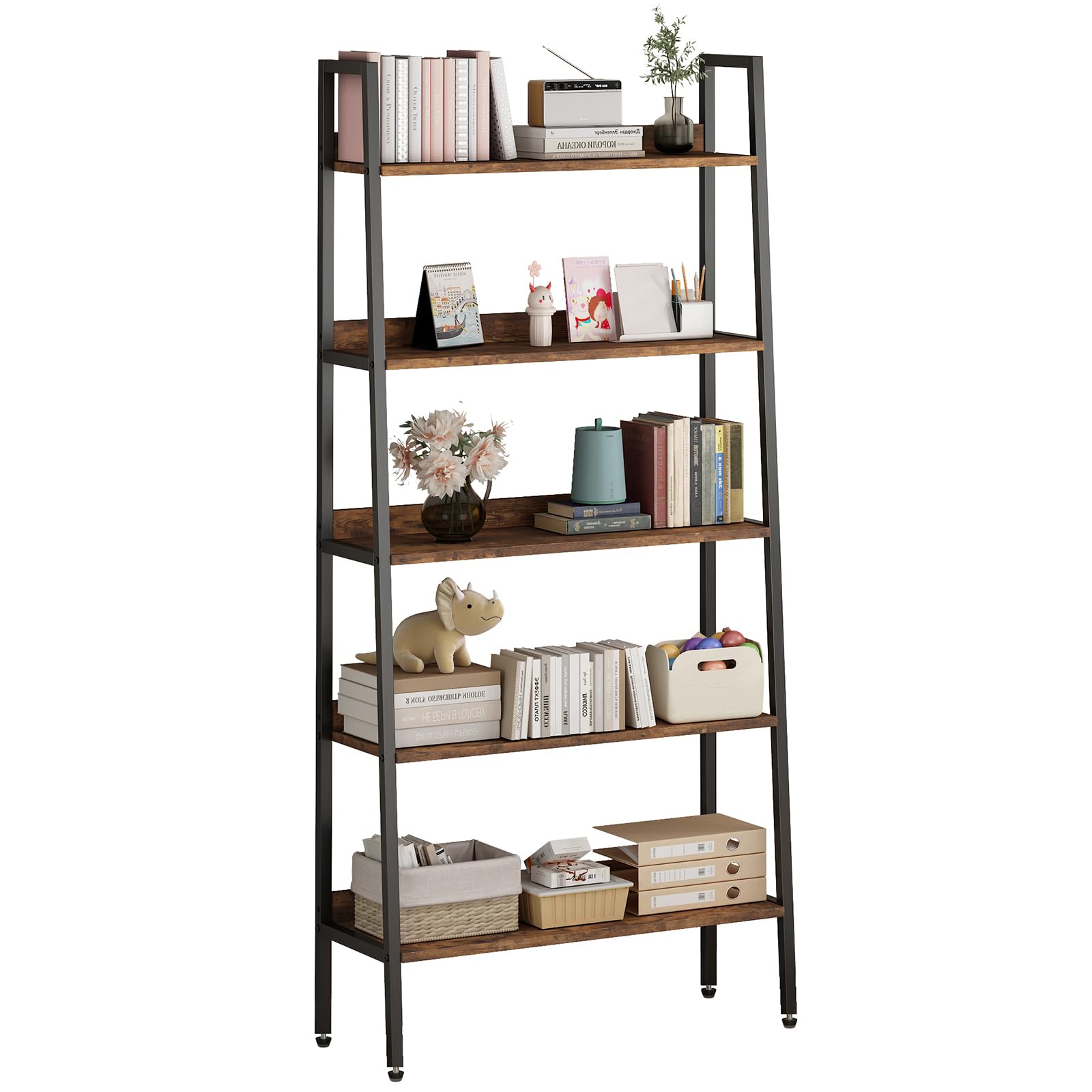GarveeHome 5 Tier Bookshelf, Narrow Home Office Book Shelf Display Rack, Rustic Brown Storage Organizer with Open Shelves, 67" Tall Wood Bookcase with Metal Frame for Bedroom Kitchen Living Room