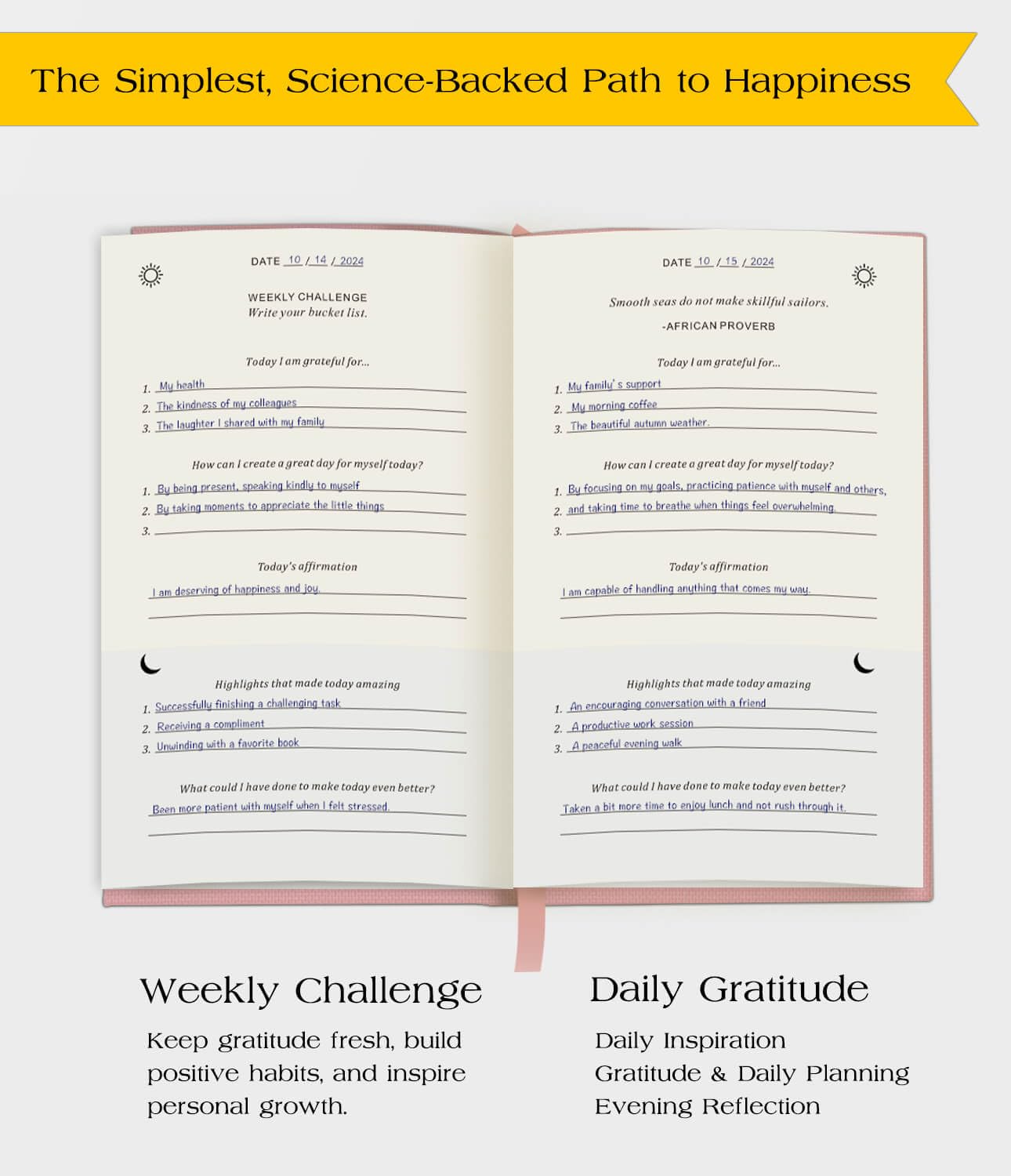 The Original Gratitude Journal with Inspiring Prompts & Quotes for Mindfulness, Reflection & Personal Growth - Daily Wellness Journal for Men & Women - Luxurious Linen Pink Cover