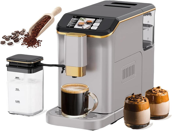 Garveehome Fully Automatic Espresso Coffee Machine with Milk Frother, 20 Bar Pressure, 15 Adjustable Grind Levels, 8-In-1 Coffee Maker with TFT Touchscreen, Removable Water Tank Cappuccino Latte Maker