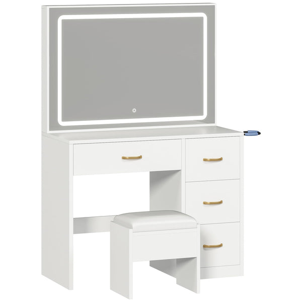 YITAHOME 4 Drawers and a Power Strip Vanity Desk, Vanity Chair, Dressing Table with Ample Storage, Pearl White