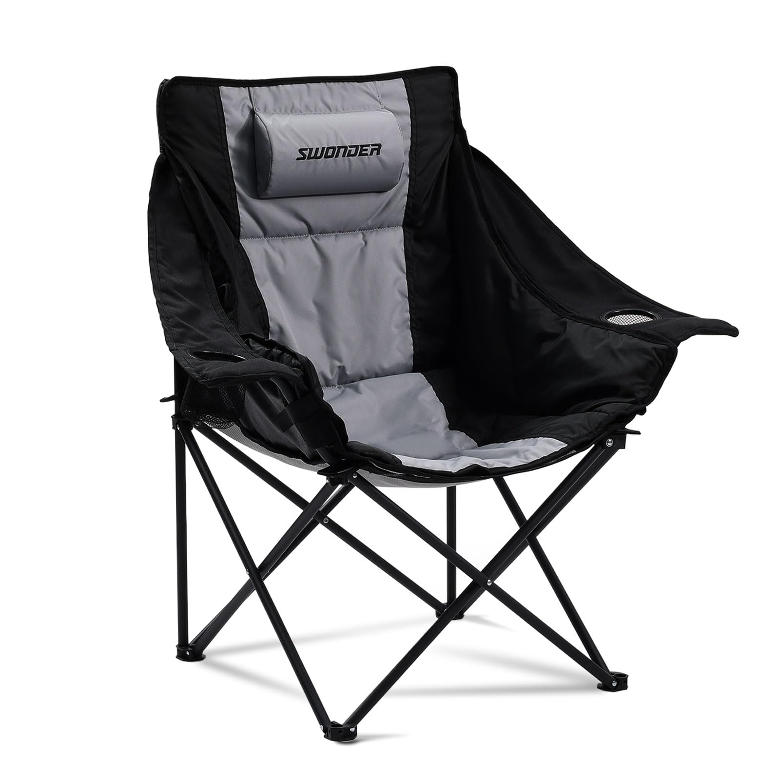 Swonder Oversized Moon Camping Chair with Innovative 2-in-1 Removable Seat Cushion for All Seasons, Heavy-Duty Fully Padded Folding Outdoor Chair with Headrest and Carry Bag