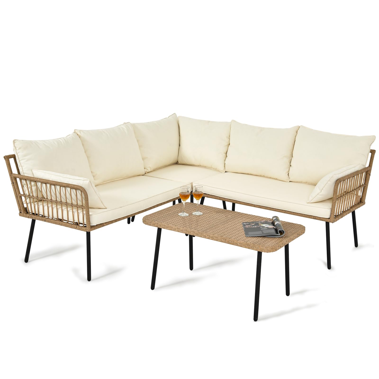 YITAHOME 4 Pieces Patio Furniture Set, Outdoor Wicker Woven Conversation Sectional L-Shaped Sofa with 5 Seater for Backyard, Porch, Boho, Detachable Lounger with Side Table - Beige