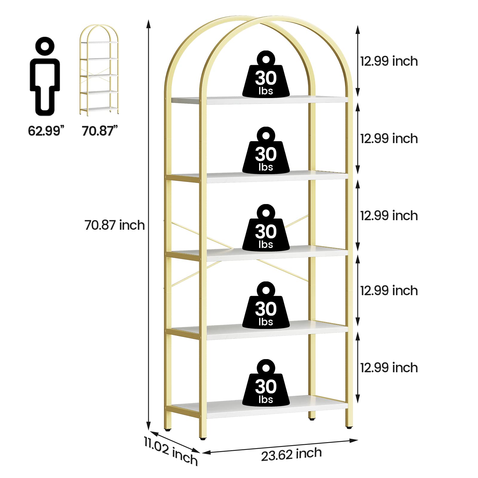 GarveeHome Arched Bookshelf 5 Tier Tall Bookcase Modern Standing Bookshelves Metal Storage Rack Shelf Wood Book Shelf for Bedroom, Living Room, Home Office (Gold)