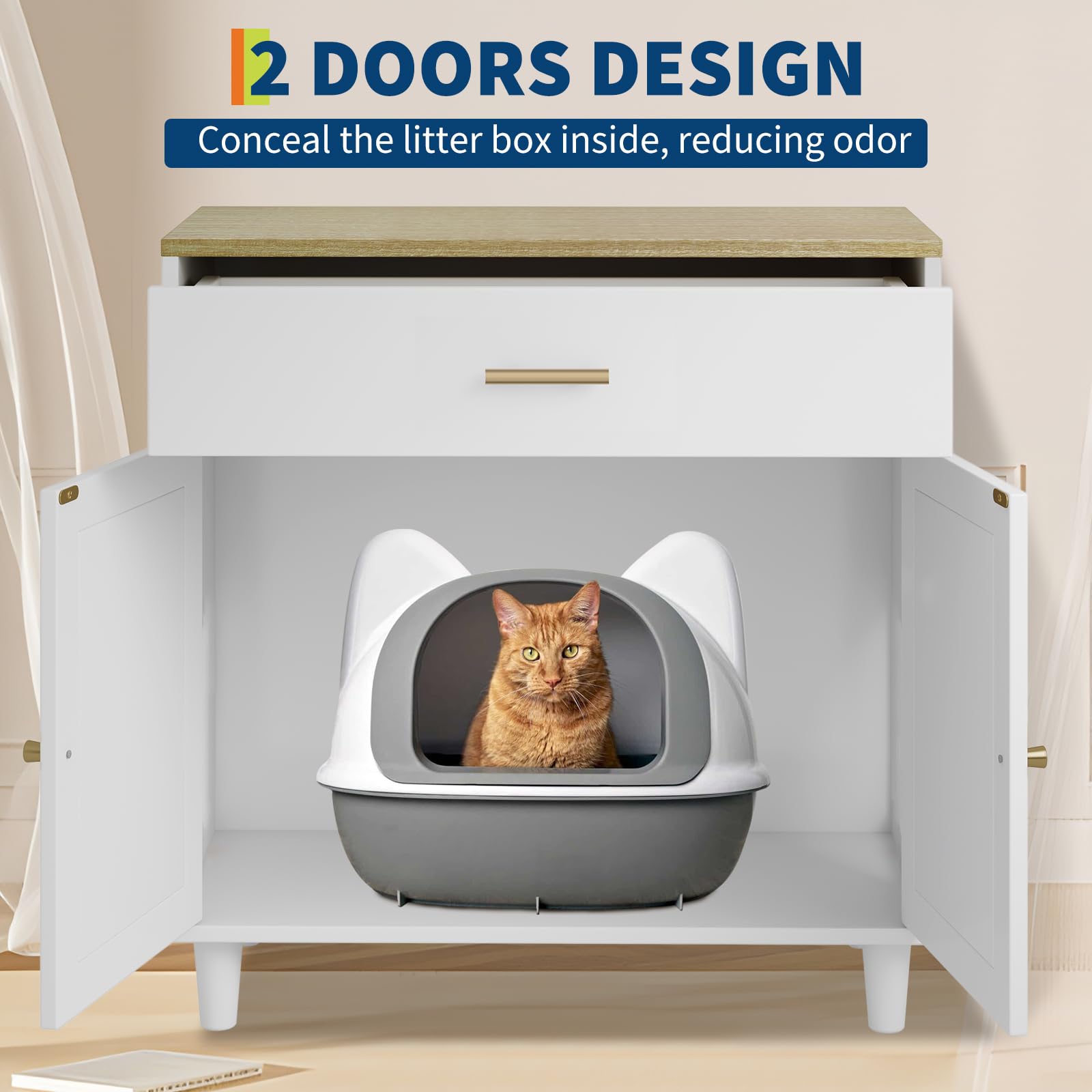 GarveeLife Hidden Cat Litter Box Furniture with Storage Drawer, Wood Cats Litter Enclosure Cabinet with 2 Sisal Doors, Hidden Enclosed Kitty Litter Box Cabinet Dog Proof for Living Room White