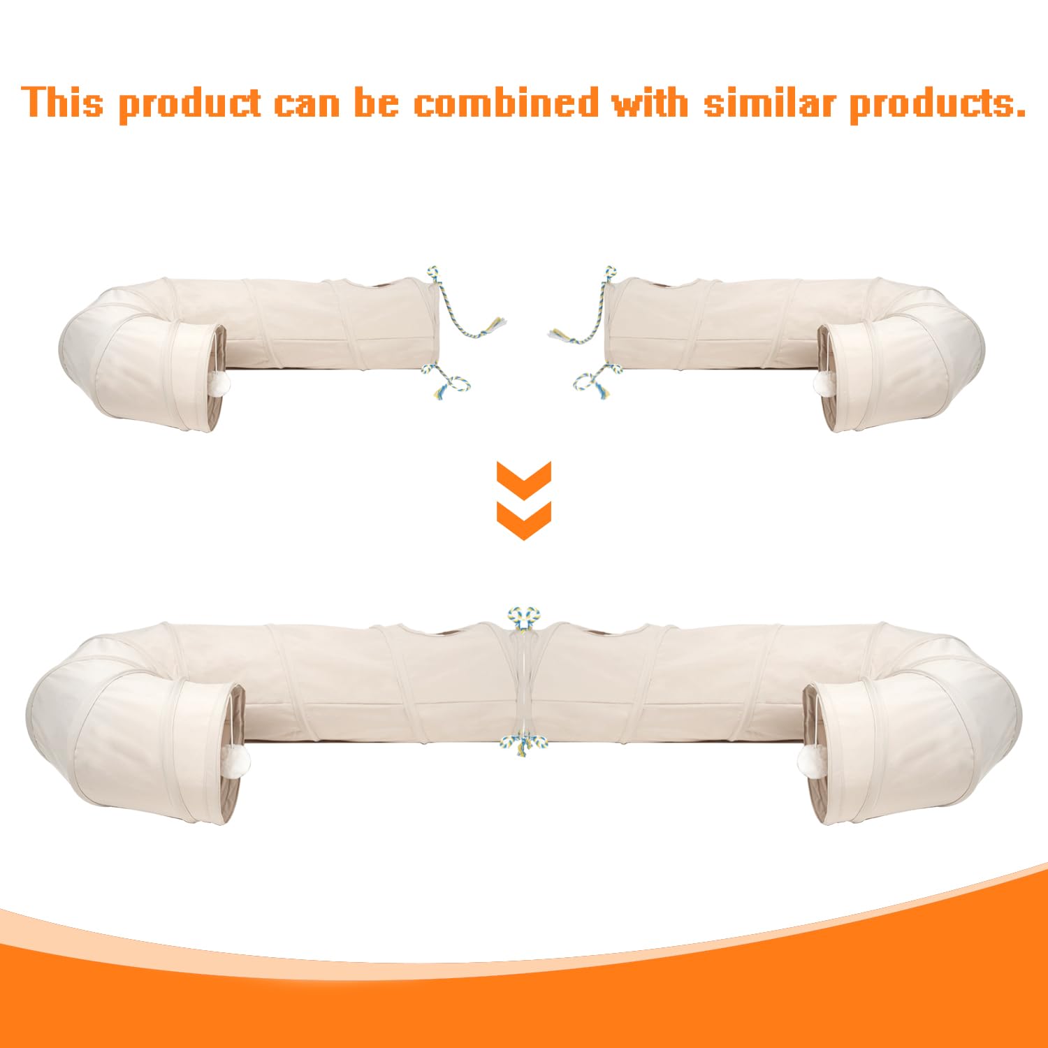 Cat Tunnel, 2-Way Collapsible Cat Tube with Interactive Peek-A-Boo Hole, Toy Ball, and Rope – Ideal for Indoor Cats, Kittens, and Rabbits, Beige