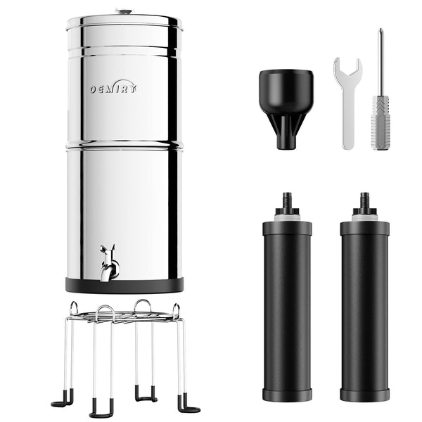 OEMIRY Gravity Water Filter System, 2.25G Stainless Steel Countertop System Water Purifier with Stand, Reduce 99% Chlorine for Home Camping Backpacking RVing, 2 Carbon Filters