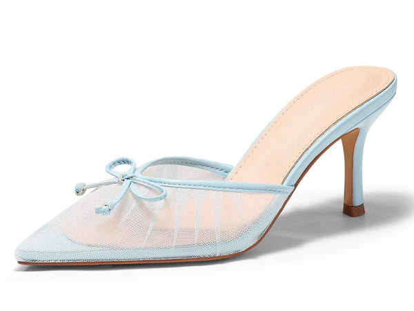 Coutgo Womens Mesh High Heels Bow Closed Pointed Toe Dress Shoes Slip On Heeled Sandals, Mesh Sky Blue, Size 6