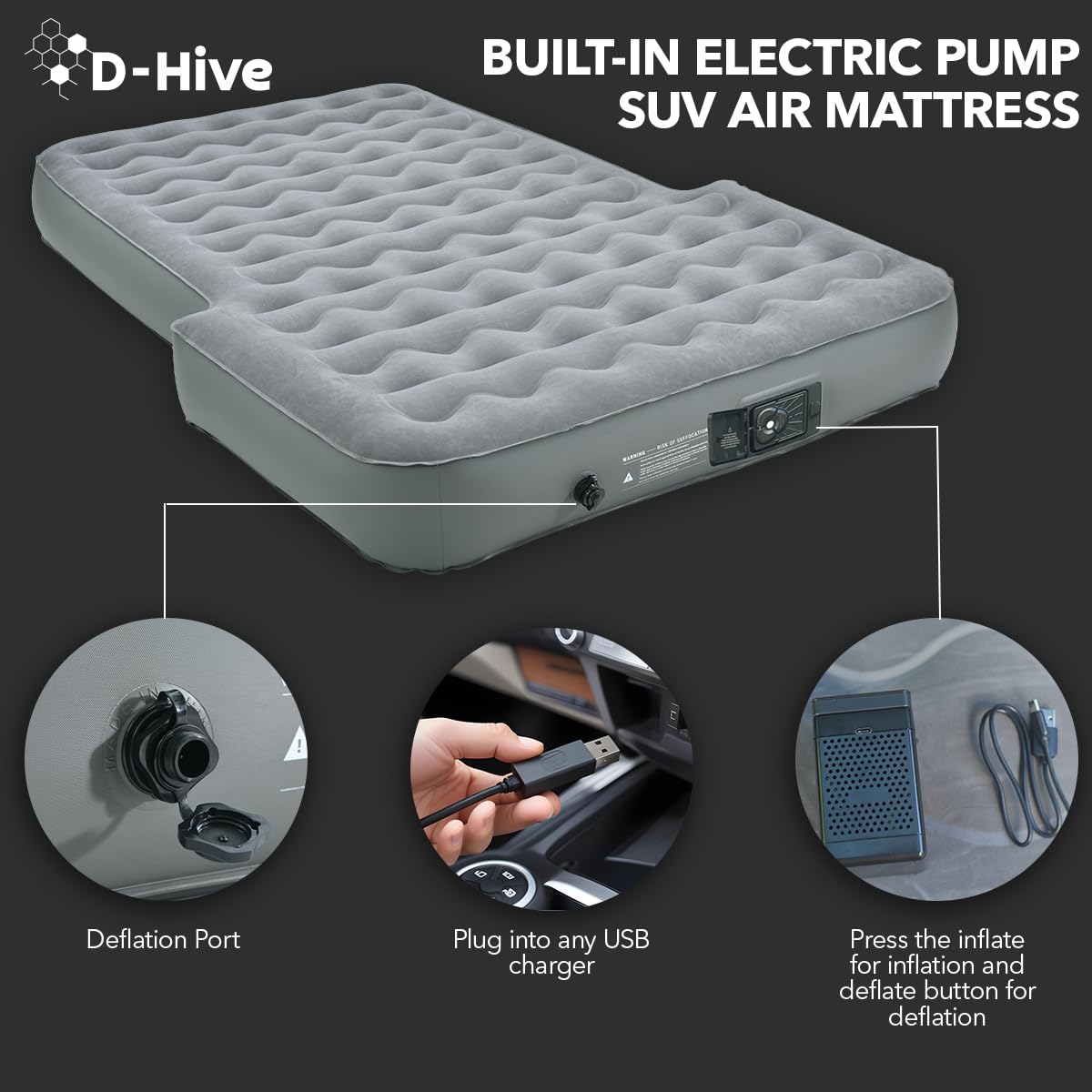 D-Hive SUV Air Mattress, Ultra-Thick Material Extra-High Car Air Mattress, SUV Mattress for Toyota 4runner, Car Mattress w/Built-in Pump Inflatable Car Air Mattress Grey