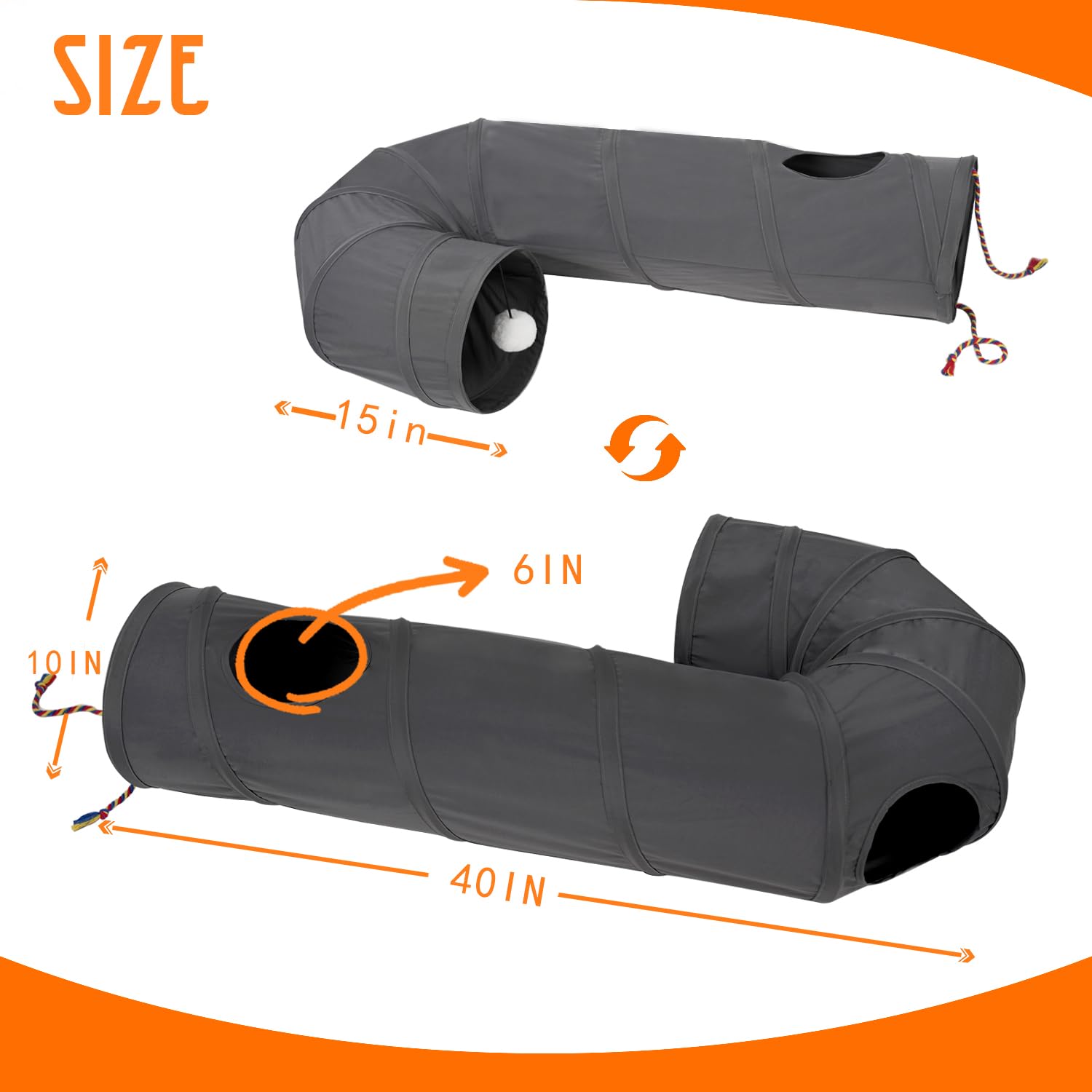 PAOPO Cat Tunnel, 2-Way Collapsible Cat Tube with Interactive Peek-A-Boo Hole, Toy Ball, and Rope – Ideal for Indoor Cats, Kittens, and Rabbits, Dark Gray