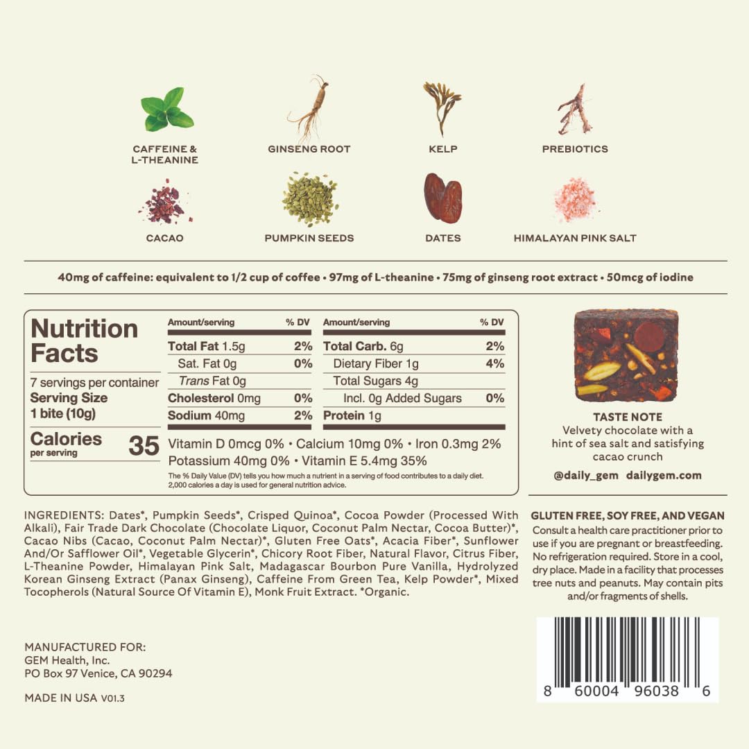 GEM Energy Caffeinated Bite, 40mg Caffeine, Ginseng Root, L-Theanine, Holistic Sustained Energy, Supports Metabolism, Stamina & Endurance | Chocolate Cacao Sea Salt | 28 Servings
