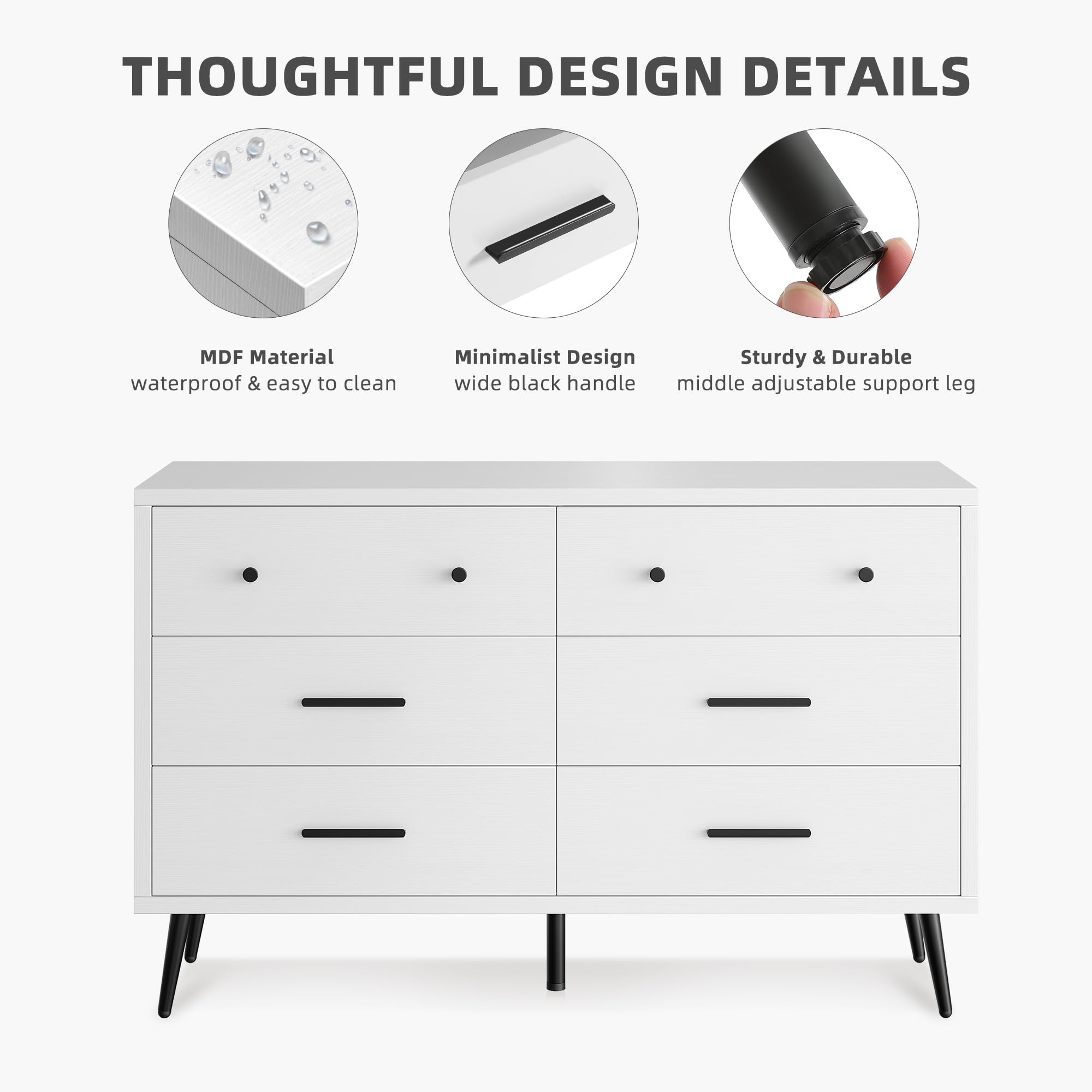 DWVO White 6 Drawers Dresser, Modern Wood Dresser Chest of Drawers with Black Metal Handle ＆ Anti-Tipping Device, Modern Storage Cabinet for Hallway, Entryway, Living Room