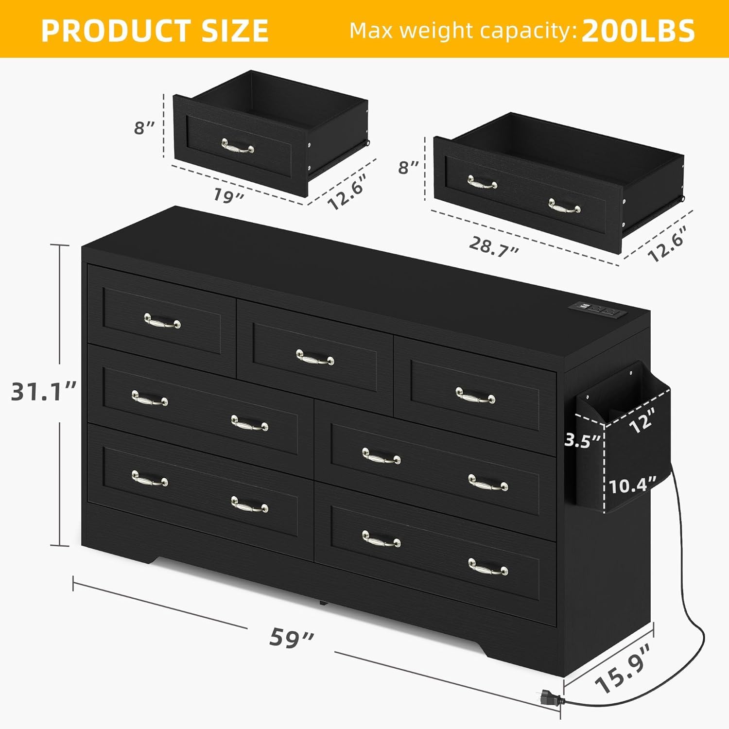 DWVO 7 Drawers Dresser, 59" W Large Chest of Drawers, Retro Wood Rattan Dresser with Large Rattan Drawers, Storage Organizer Unit with Dual Tip-Resistant Kits for Living Room, Black