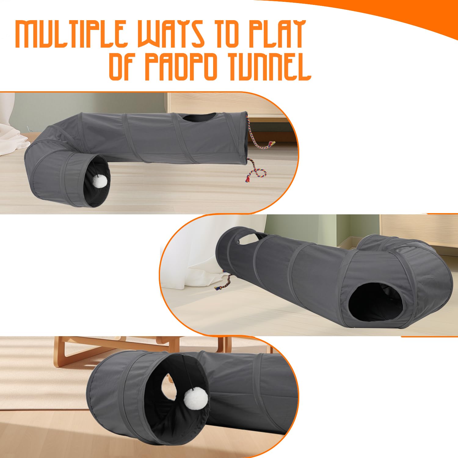 PAOPO Cat Tunnel, 2-Way Collapsible Cat Tube with Interactive Peek-A-Boo Hole, Toy Ball, and Rope – Ideal for Indoor Cats, Kittens, and Rabbits, Dark Gray
