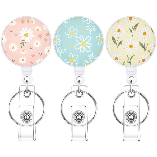 BESARME 3 Pack Badge Reels Retractable Badge Clip with Key Ring Retractable Badge Holders for Office Worker Teacher Nurse Student（Daisy）
