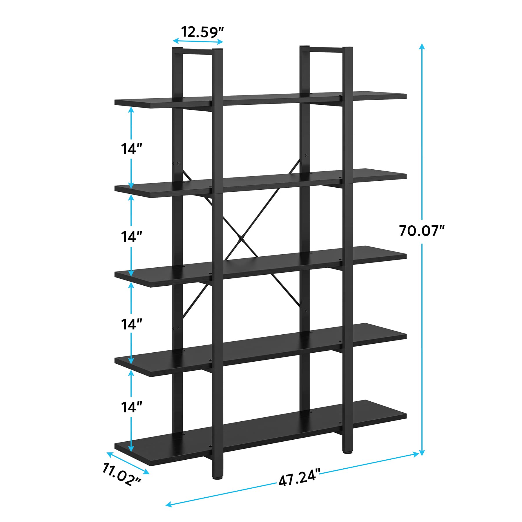 Tribesigns 5-Tier Bookshelf, Vintage Industrial Style Bookcase 72 H x 12 W x 47L Inches, Black