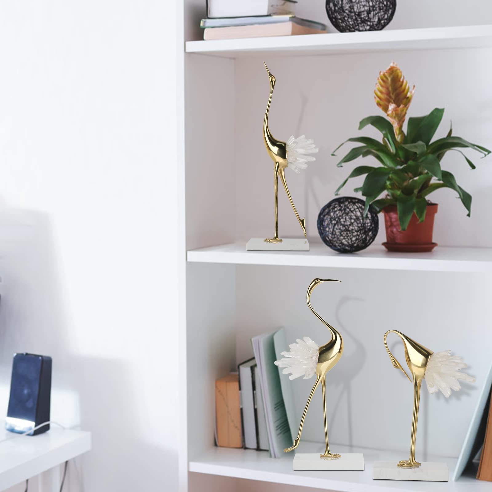 suruim Elegant Gold Crane Bird Statues with Crystal Tail Accents, Decorative Brass Figurines for Home Decor (White A)