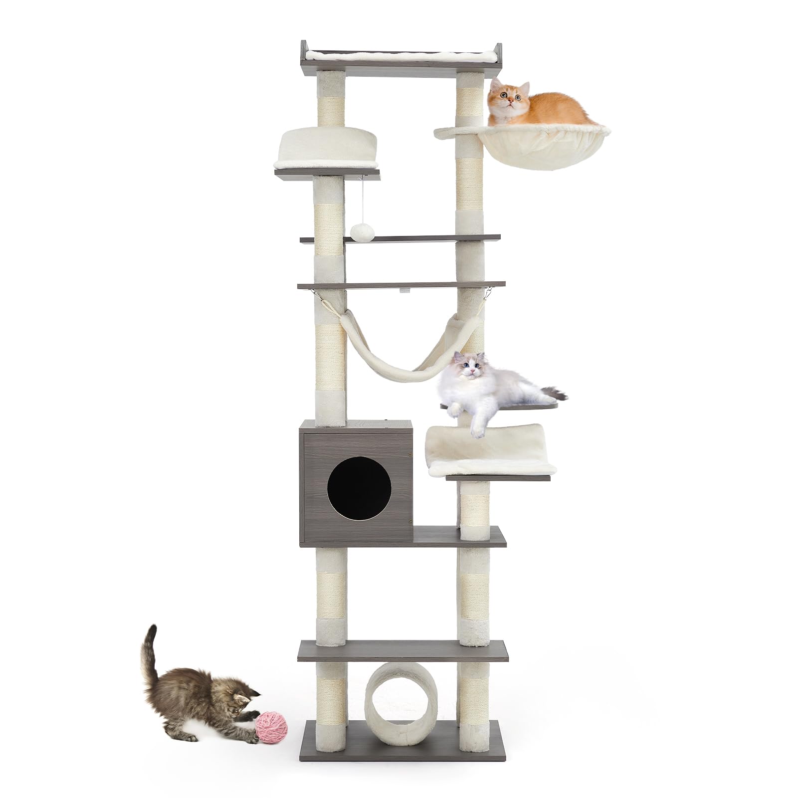 GOCAPTAIN 67" Large Cat Tree for Big Cats,Multi-Level Tower with Scratching Posts, Condo, Perches, Hammock, Tunnel & Feeding Station,Retro Dark Gray