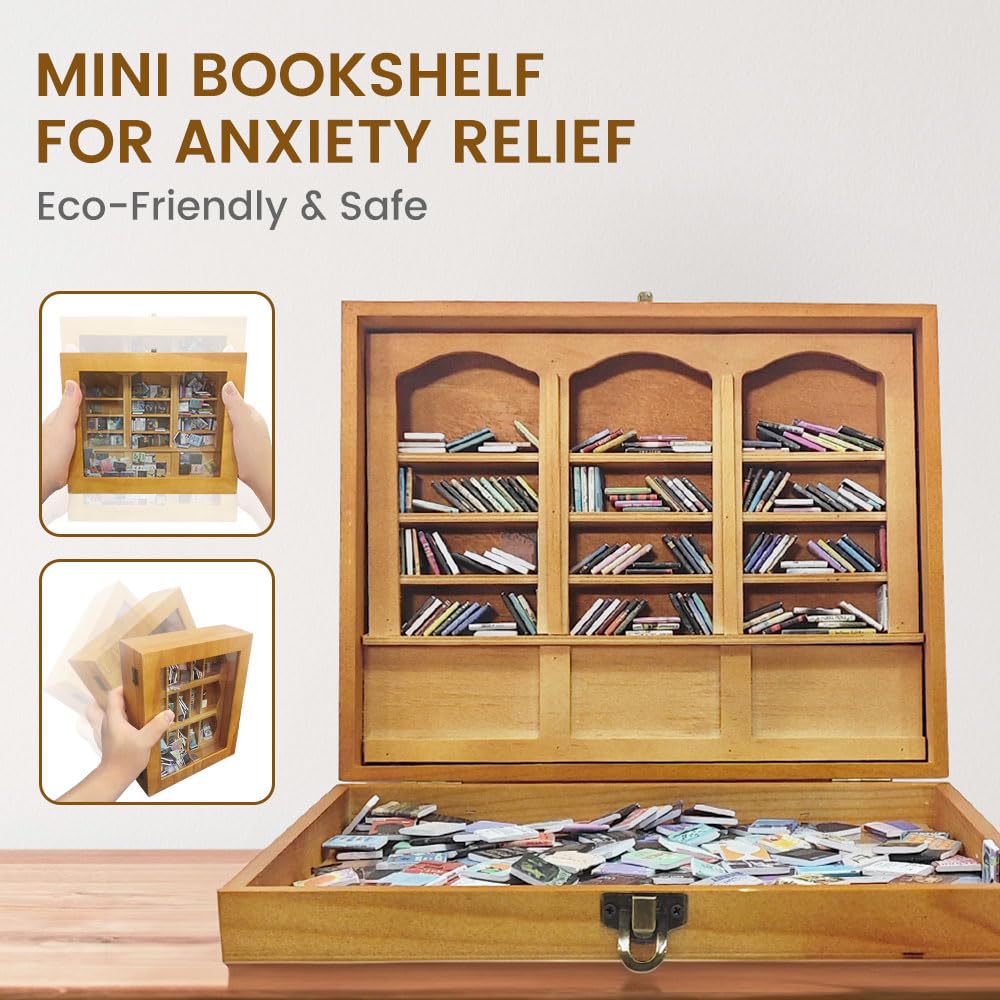 Xezacoi Anxiety Relief Bookshelf Decor - Handcrafted Mini Bookshelf with 300+ Unique Miniature Books - Stress-Relieving Gift for Book Lovers, Office & Home Décor