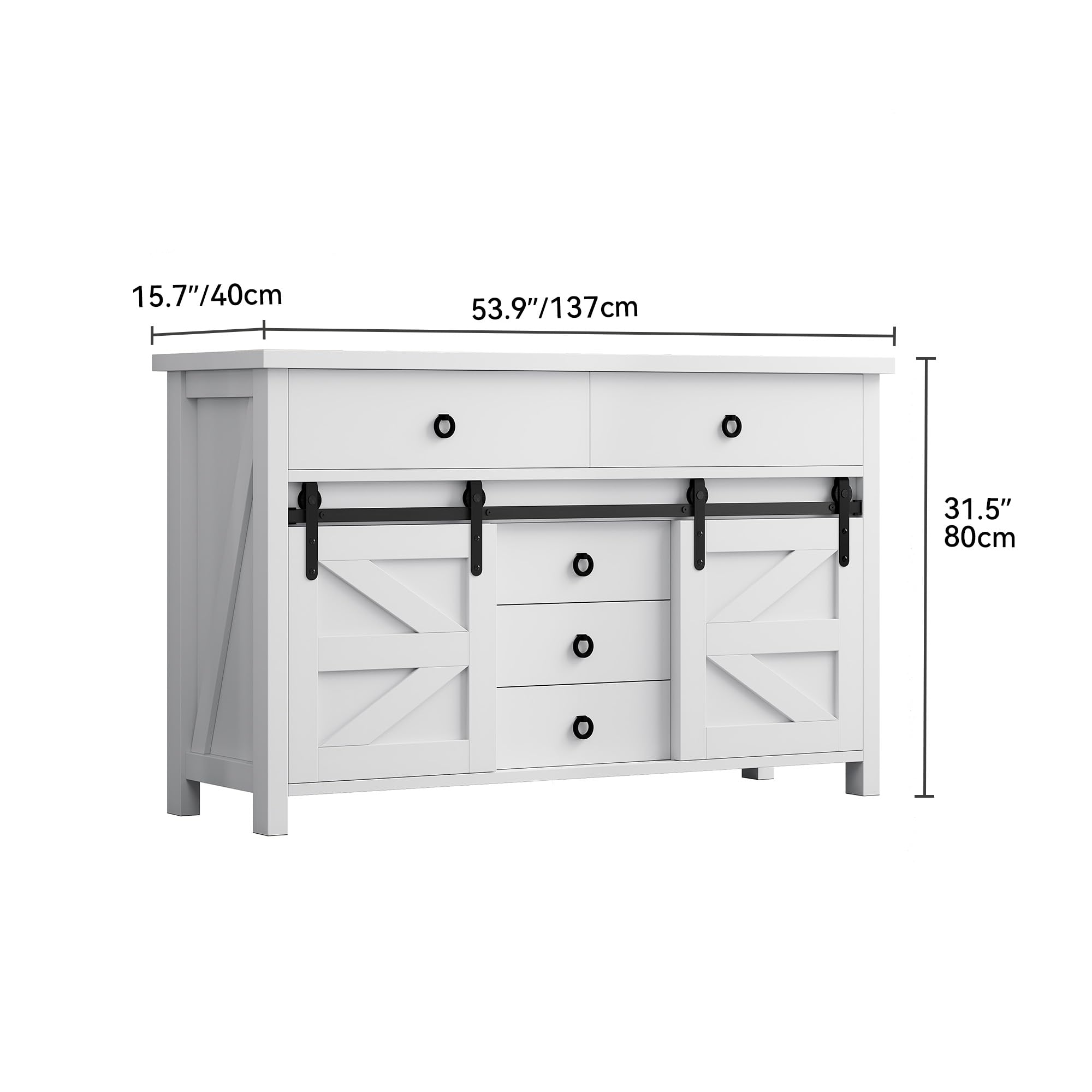 DWVO 54" Farmhouse Dresser for Bedroom, Large Modern Chest of Drawers, Wood Rustic Dresser TV Stand with 5 Drawers & 2 Sliding Barn Doors for Living Dining Room, Entryway, Hallway, White