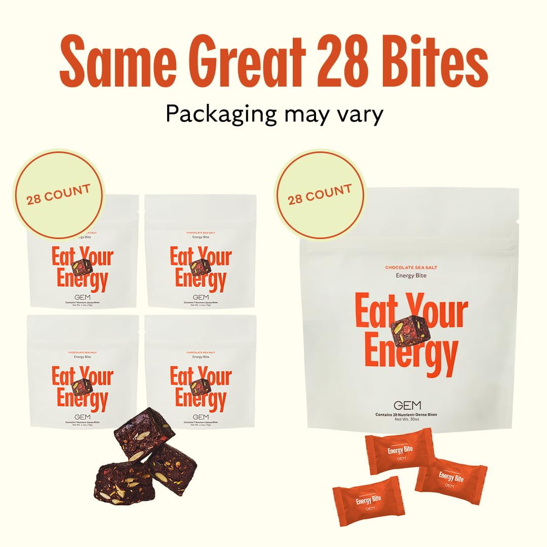 GEM Energy Caffeinated Bite, 40mg Caffeine, Ginseng Root, L-Theanine, Holistic Sustained Energy, Supports Metabolism, Stamina & Endurance | Chocolate Cacao Sea Salt | 28 Servings