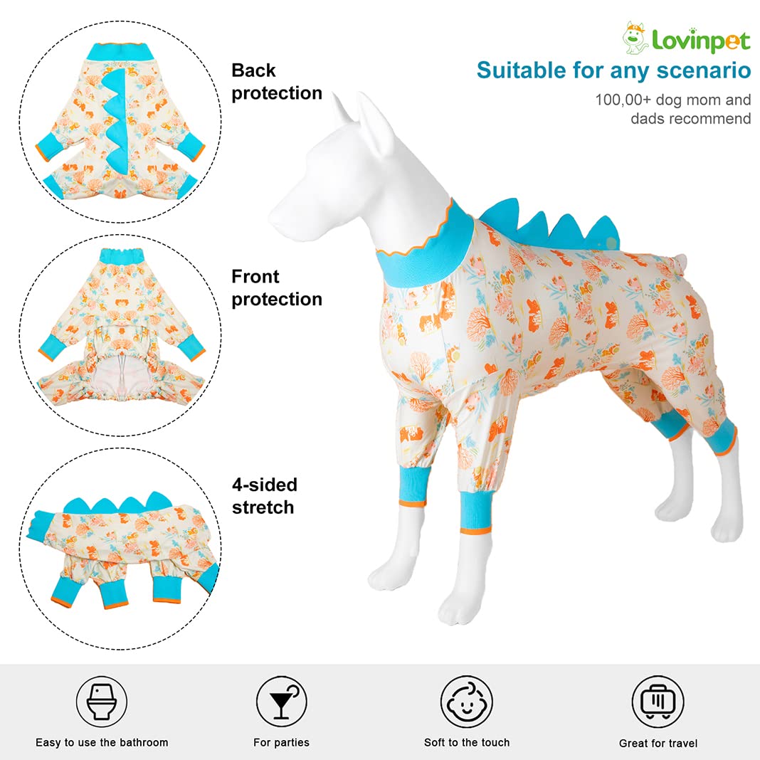 LovinPet Big Dog Jammies, Large Dog Pajamas, Anti Licking Shirt Lightweight Coral Peach Print, UV Protection Shirt, Easy to Wear Adorable Dog Onesie,Blue, Large