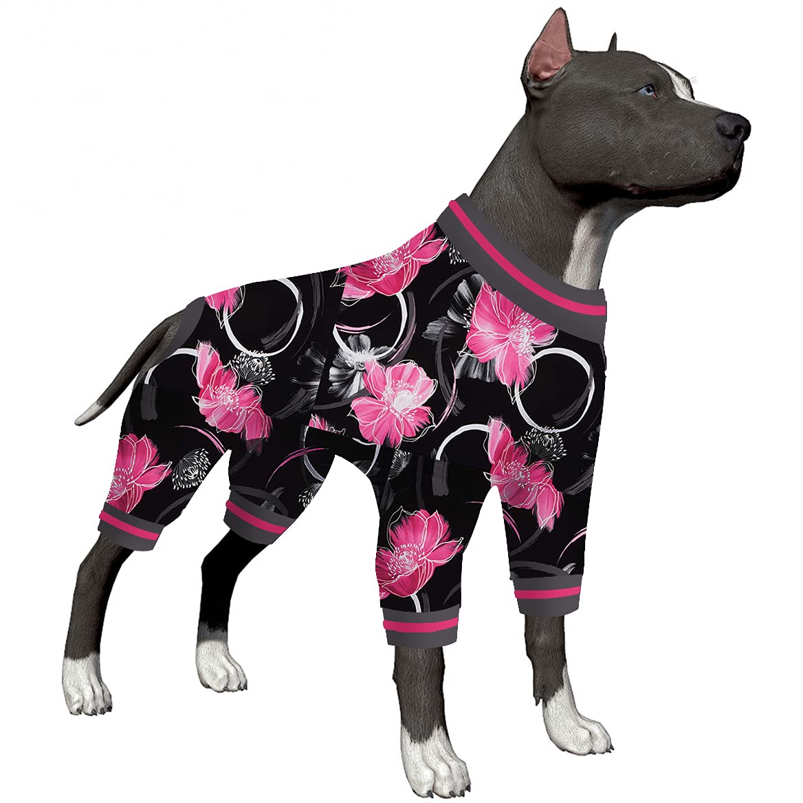 LovinPet 3XL Dog Pajamas - Undershirt for Dog Hoodies, Surgery Recovery Shirt for Dogs, Black and Pink Floral Print, UV Protection Bodysuit for Large Dogs, Pitbull Clothes, Pink 3XL