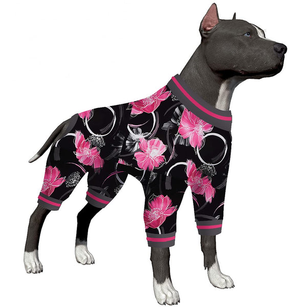 LovinPet 3XL Dog Pajamas - Undershirt for Dog Hoodies, Surgery Recovery Shirt for Dogs, Black and Pink Floral Print, UV Protection Bodysuit for Large Dogs, Pitbull Clothes, Pink 3XL