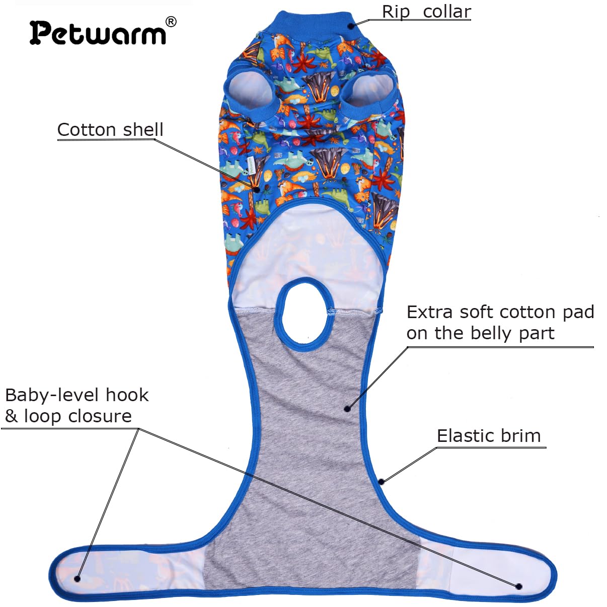 PetWarm Dog Spay Recovery Suit, Surgery Suit for Dogs, Onesie for Dogs, Anti-Licking Dog Surgical Recovery Pajamas, Bodysuit for Abdominal Affected Areas Sensitive Skin Areas, Zoo Pattern, Blue, XS