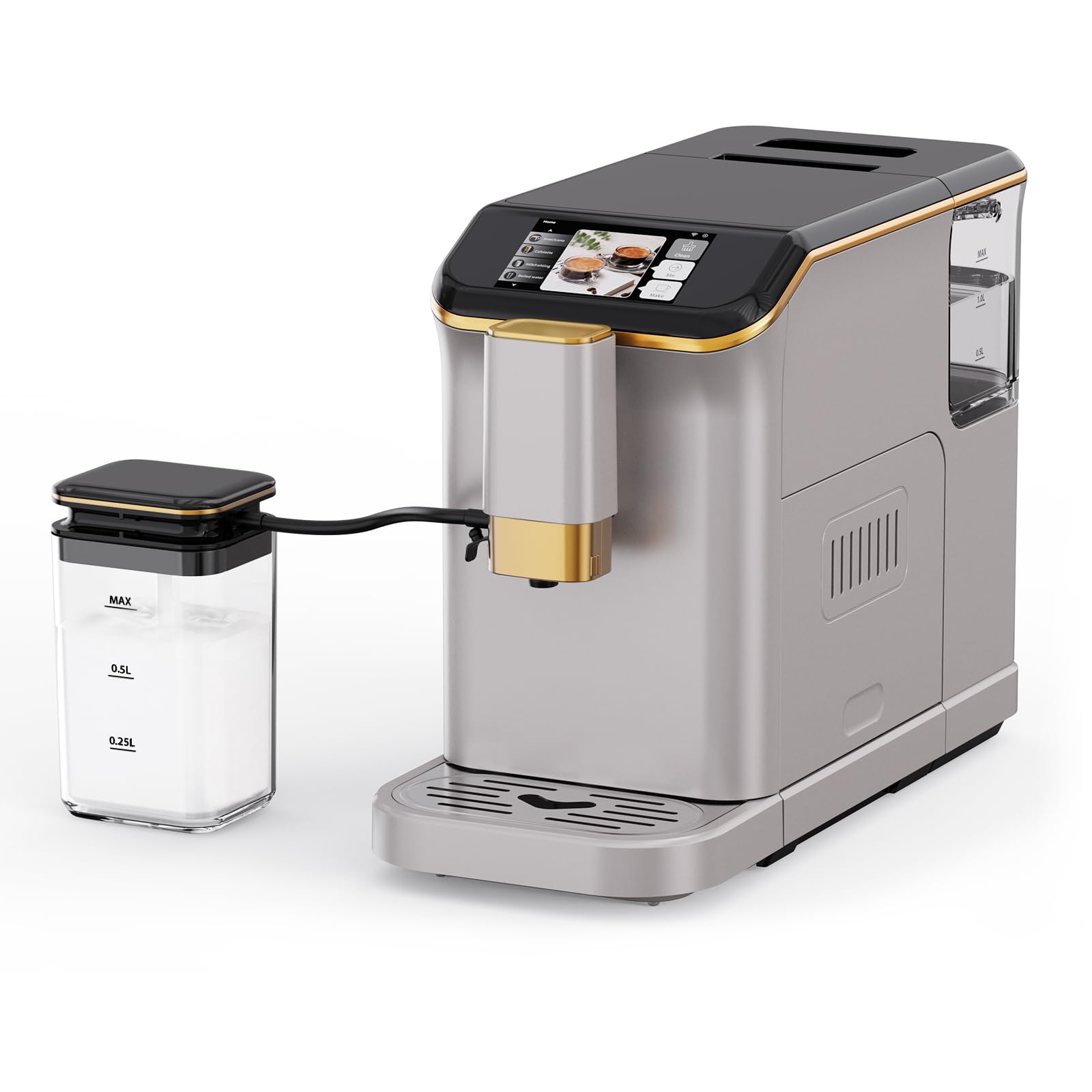 Garveehome Fully Automatic Espresso Coffee Machine with Milk Frother, 20 Bar Pressure, 15 Adjustable Grind Levels, 8-In-1 Coffee Maker with TFT Touchscreen, Removable Water Tank Cappuccino Latte Maker