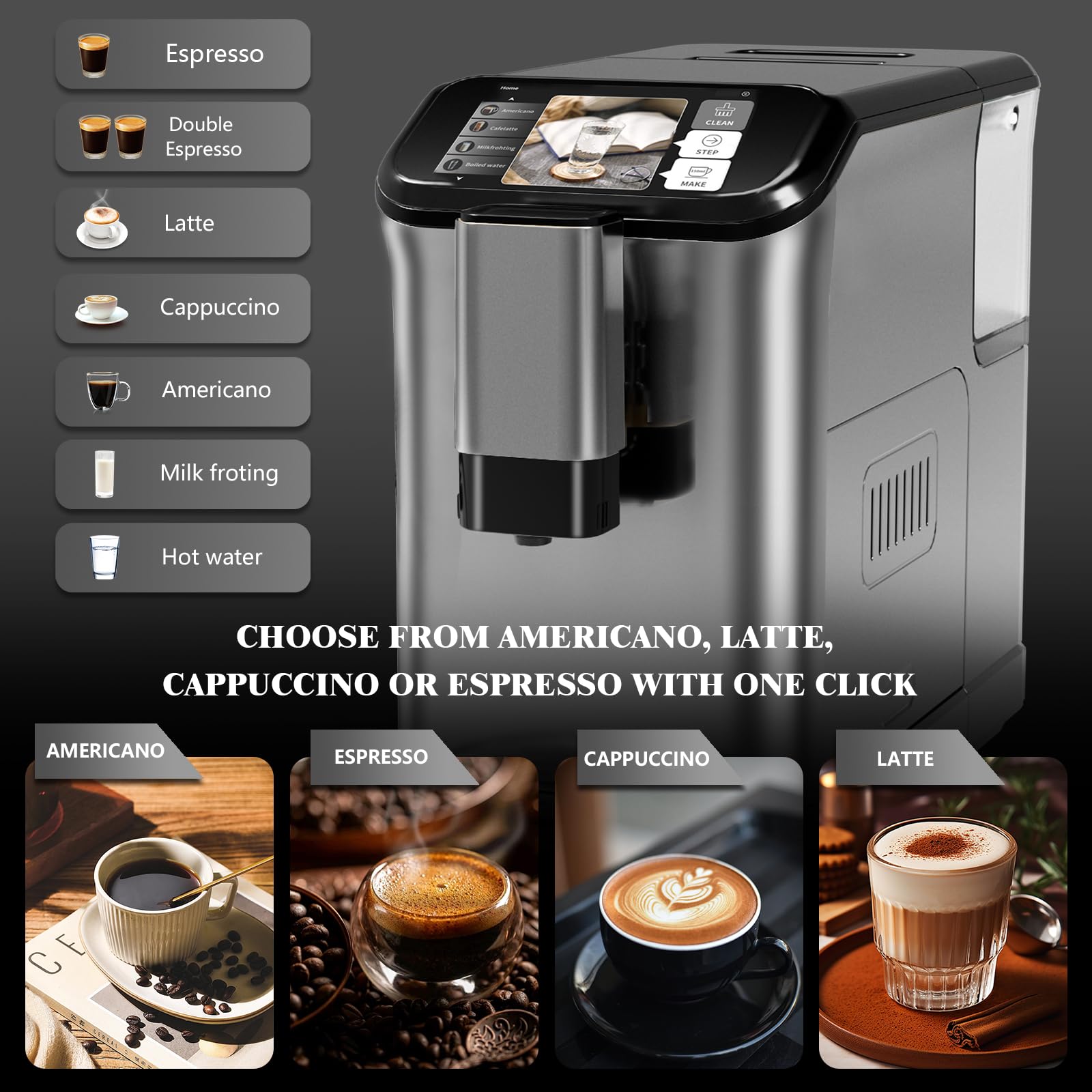 GarveeHome Automatic Espresso Machine & Milk Frother with Stainless Steel Conical Burr Grinder, Integrated 0.75L Milk Container & 1.5L Water Tank, One-Touch Brew Cappuccino & Latte Machine (Grey)