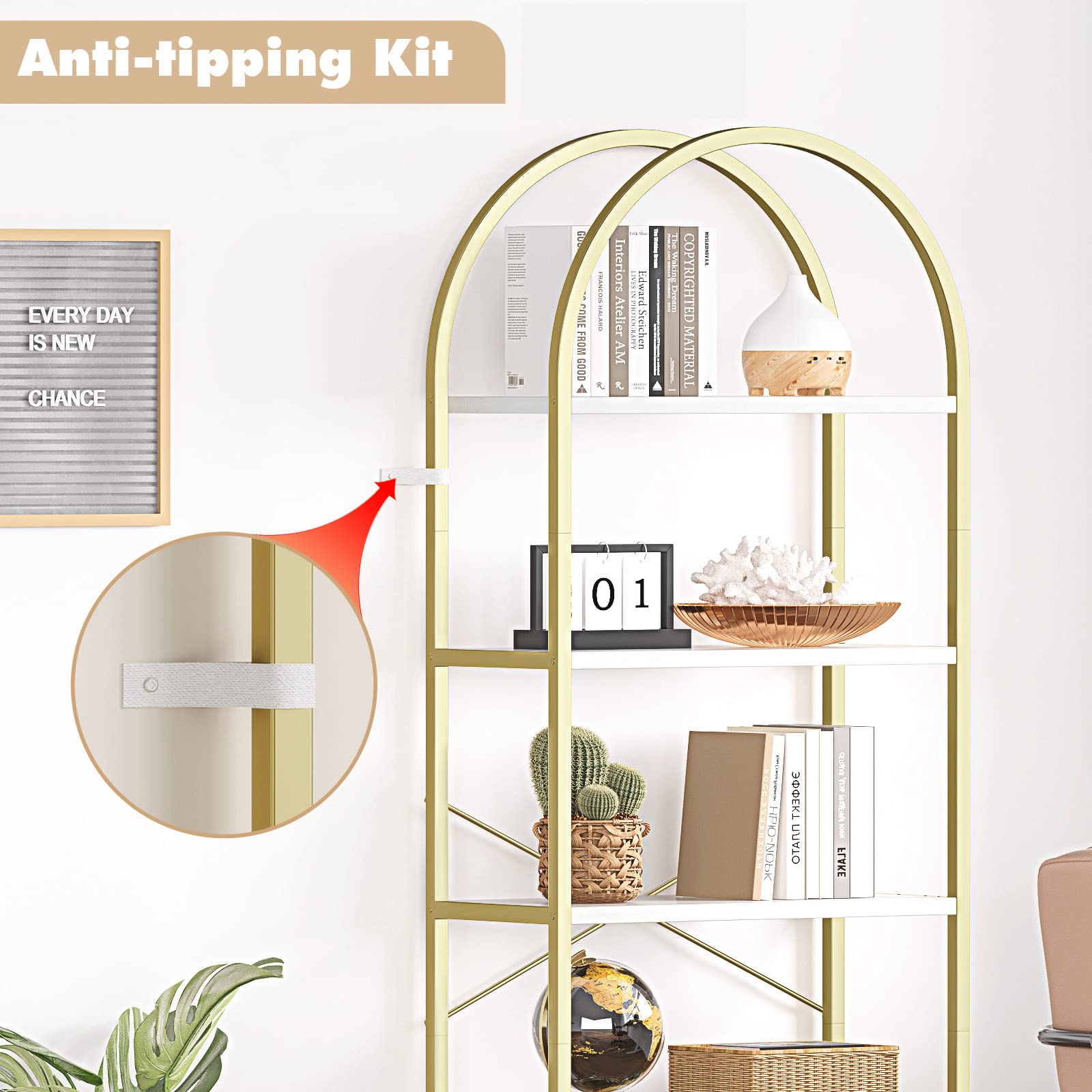 GarveeHome Arched Bookshelf 5 Tier Tall Bookcase Modern Standing Bookshelves Metal Storage Rack Shelf Wood Book Shelf for Bedroom, Living Room, Home Office (Gold)