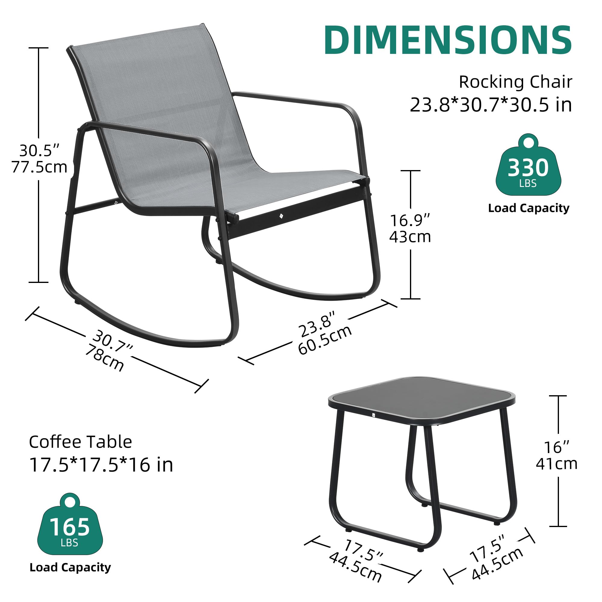 YITAHOME 3 Piece Patio Furniture Set, Small Outdoor Conversation Set with Textilene Fabric Bistro Rocking Chairs and Glass Table for Balcony Backyard Lawn Porch Garden Poolside (Grey)