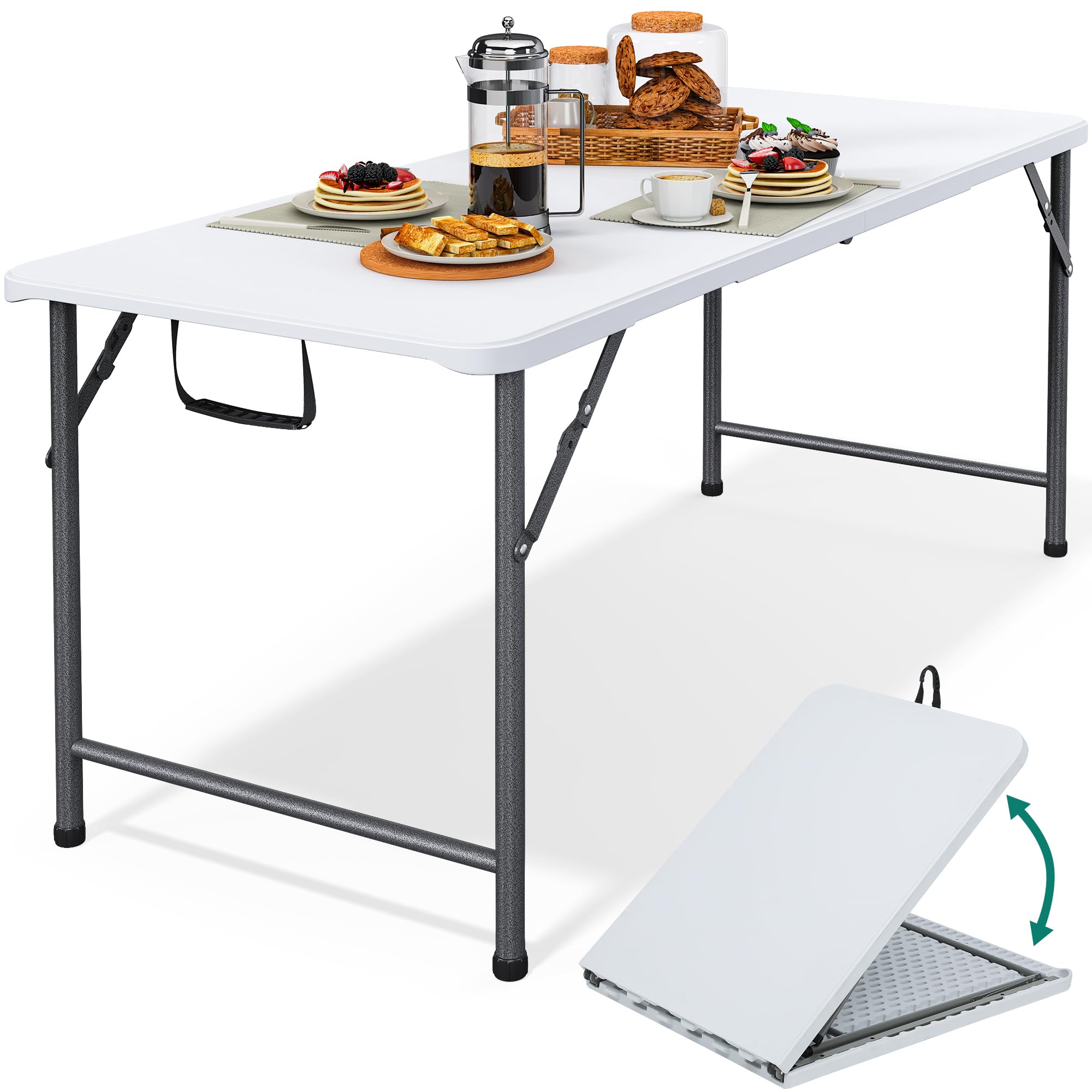 YITAHOME 6FT Folding Table, Outdoor Folding Table w/Heavy Duty HDPE Tabletop, Rectangle Folding Tables w/Portable Carrying Handle for Picnic, Parties, Camping & Indoor Activities, White
