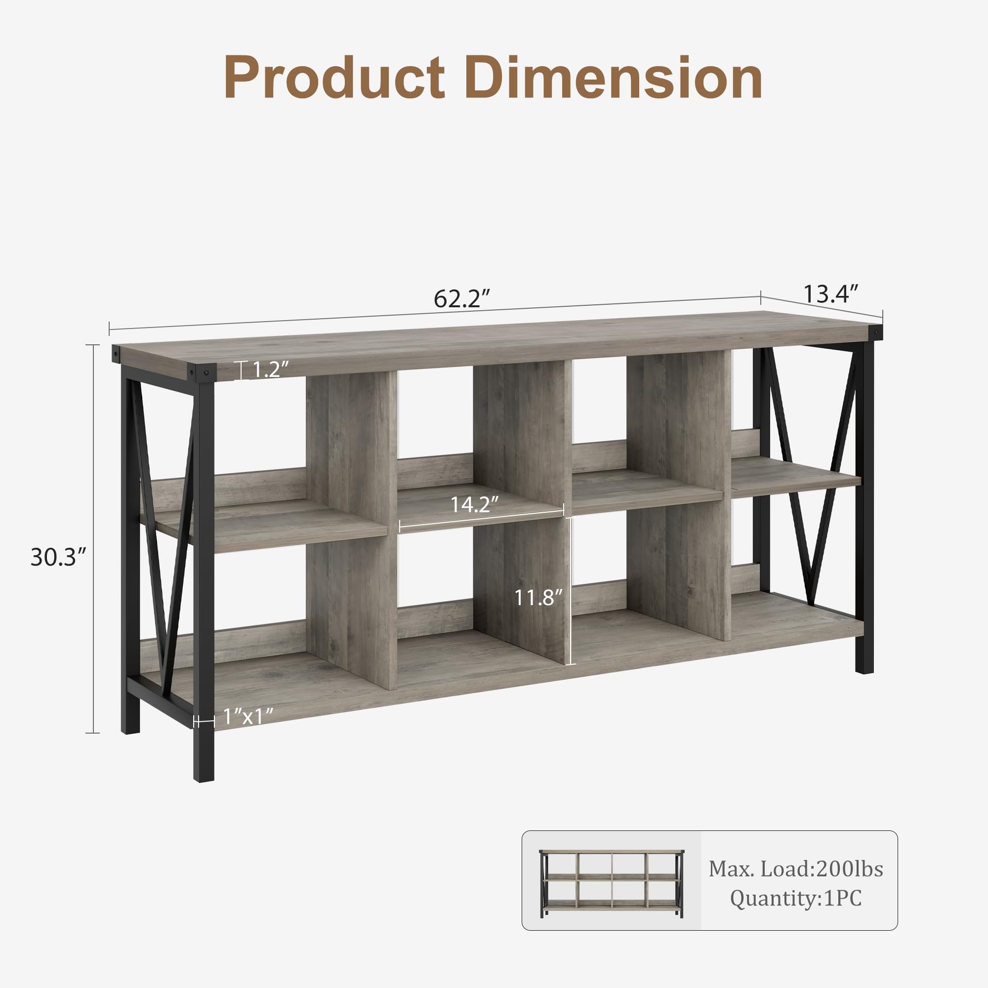 GarveeHome 8 Cube Storage Organizer Bookshelf, 3 Tier Metal Horizontal Bookcase, 62 Inch Console Bookshelf, Industrial Storage Bookcase for Entryway, Long Low Bookshelf for Living Room-Grey