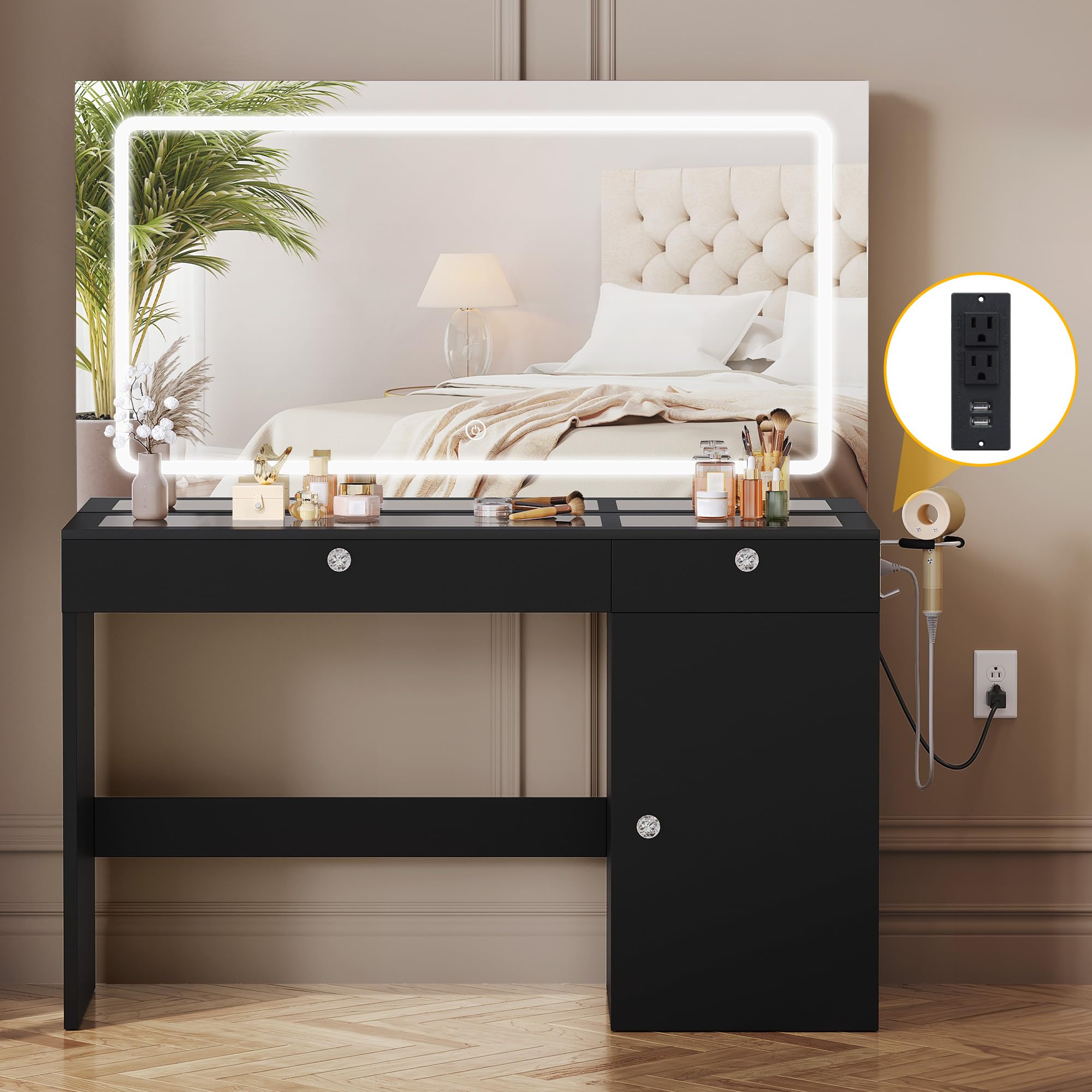 DWVO Vanity Desk with Large LED Mirror, Power Outlet, 47" Makeup Vanity Table with Mirror with 3 Lighting Modes, 4 Drawers, for Bedroom, Black