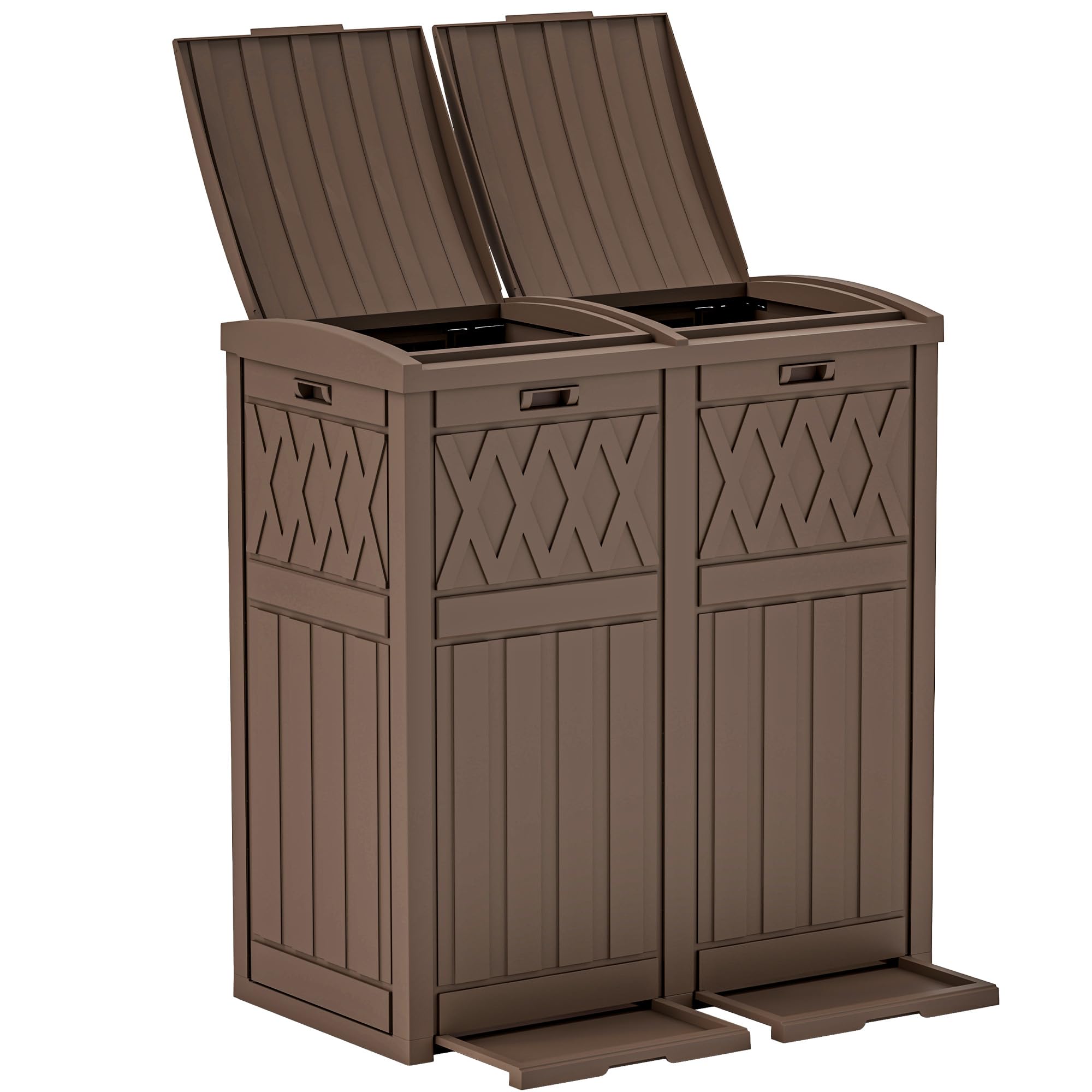 YITAHOME 76 Gallon Dual Compartment Outdoor Trash Can, Resin-Based with Layered Lid and Drip Tray, Waterproof Garbage Bin Brown