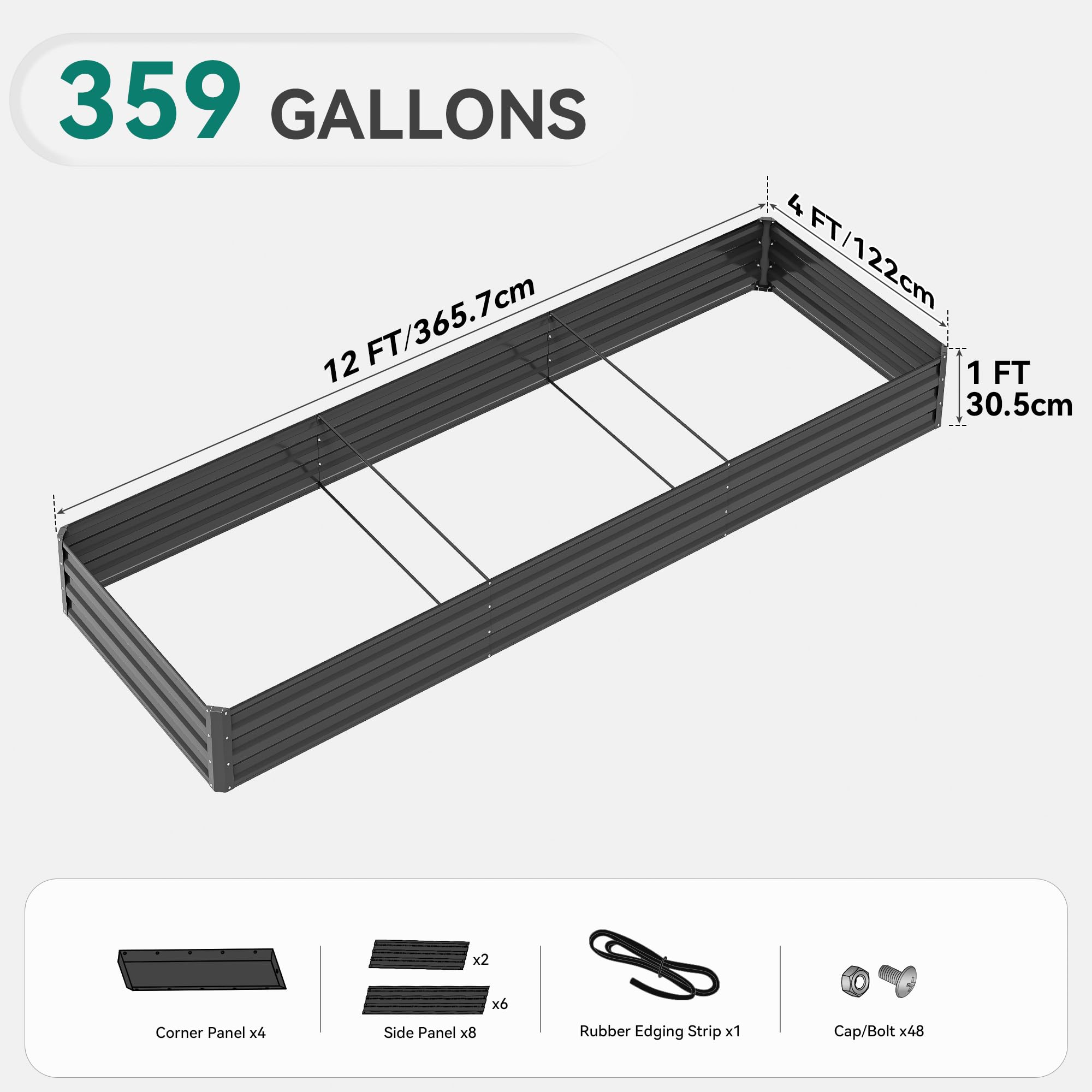 YITAHOME 12x4x1ft Large Raised Garden Bed Kit, Galvanized Metal Planter Box with Gloves, Ground Nails, Support Rod & Safety Rubber, Outdoor Above Ground Planters for Plants Vegetables Flowers, Black