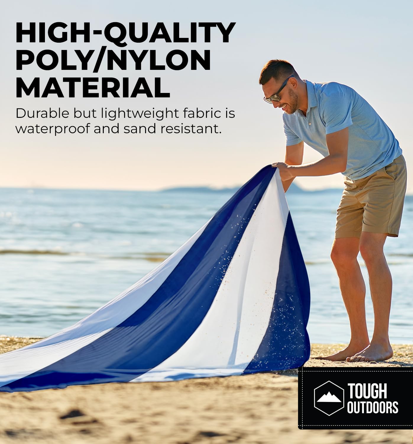 Tough Outdoors Extra Large Beach Blanket Waterproof Sandproof Oversized - 11'x10' Sand Free Beach Mat for 9 Adults - Hiking, Outdoor & Beach - Navy Blue & White