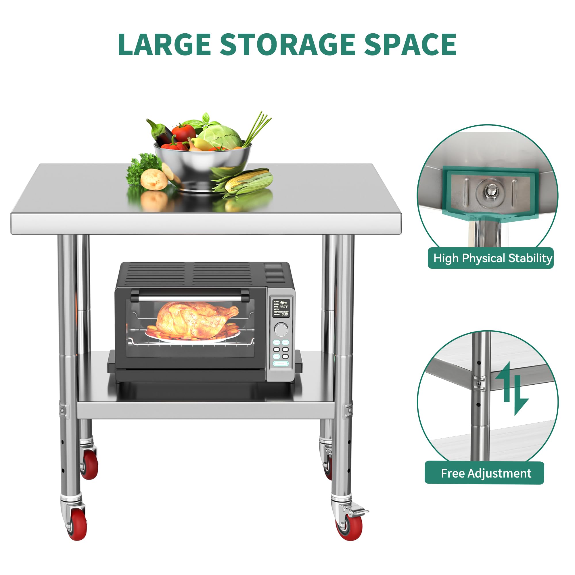 YITAHOME NSF Stainless Steel Table, 30" X 24" Work Table with Wheels, 2 Shelves Metal Prep Worktable for Home Kitchen Restaurant Garage Warehouse Outdoor