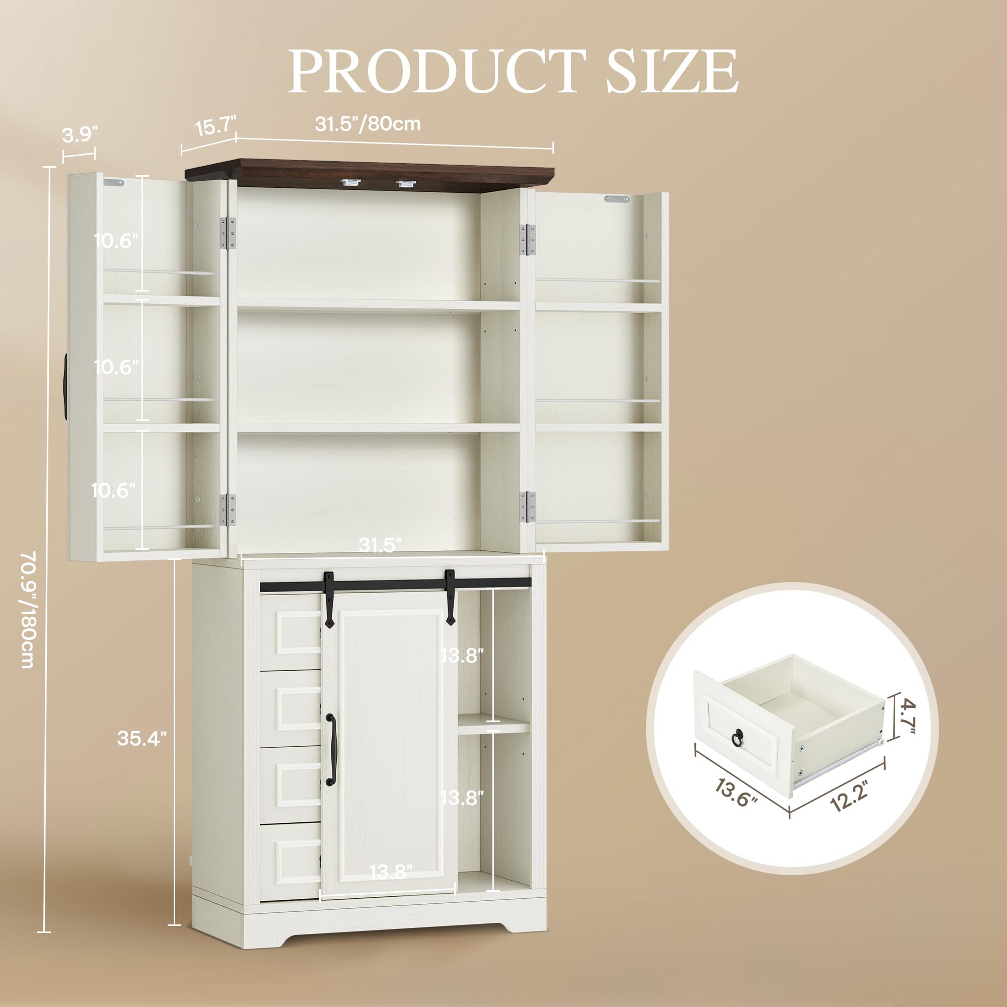 DWVO 71" Kitchen Pantry with Sliding Barn Door & Storage Drawers, Farmhouse Tall Storage Hutch Cabinet with Adjustable Shelves, Versatile Organizers for Living Room, Dining Room, Hallway, Off White