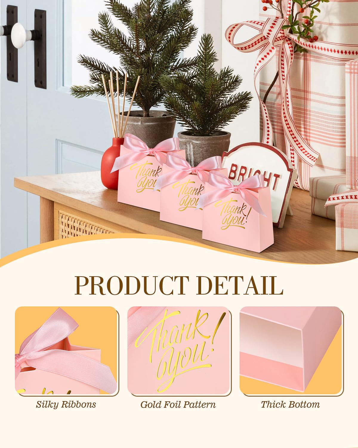EQOREIIN Small Gift Bags, 25 Pack 4.5x1.8x3.9 Inches Mini Thank You Bags Pink Kraft Paper Gift Bag with Bow Ribbon, Small Candy Bags Gift Bag Bulk for Birthday Wedding Baby Shower (Pink)