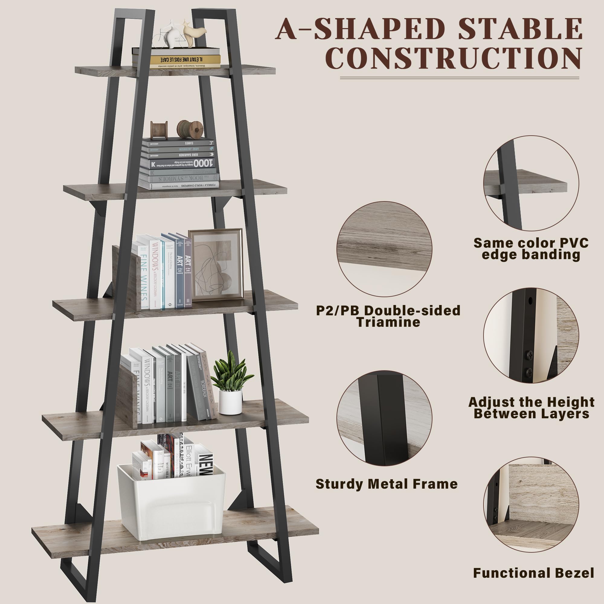 GarveeHome 5 Tier Ladder Bookshelf, Narrow Open Book Shelf, Tall Standing Bookcase with Steel Frame, Industrial Ladder Storage Shelves for Living Room, Bedroom and Kitchen, Light Yellow Wood Grain