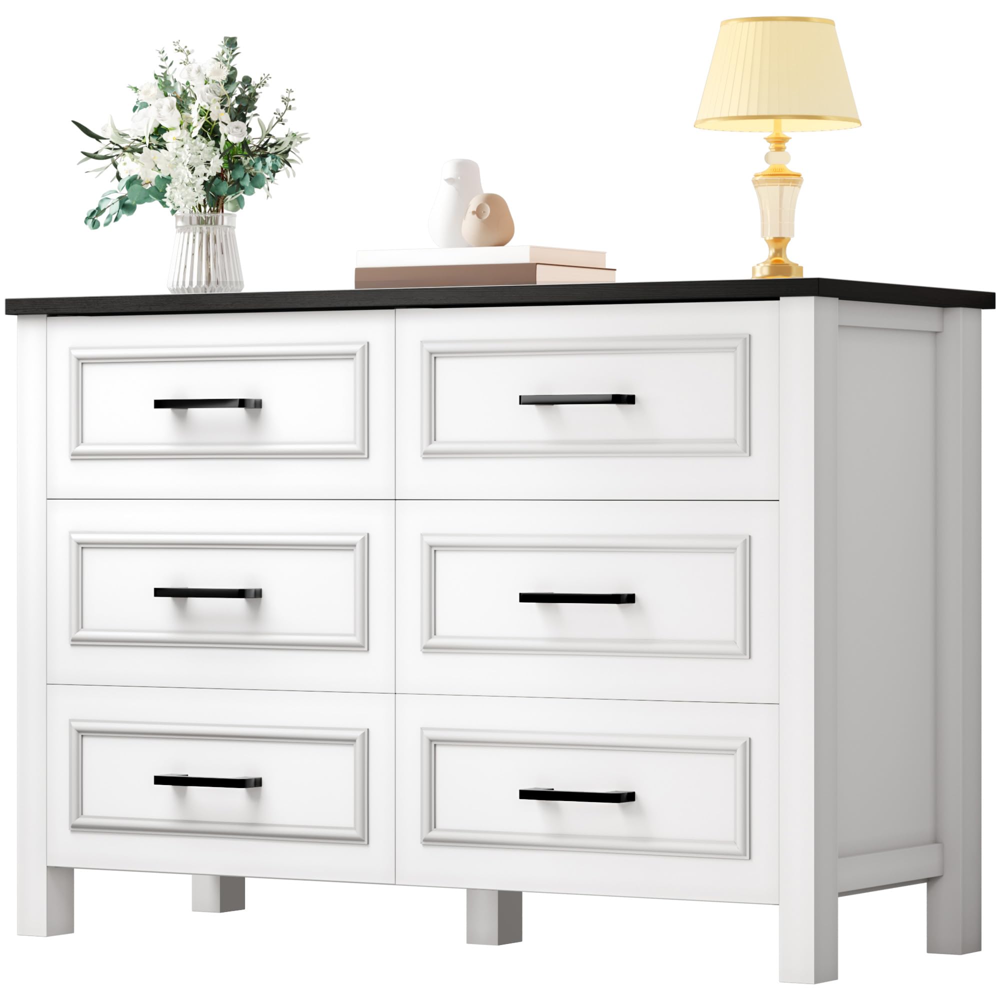 DWVO Farmhouse Wooden Dresser TV Stand with Power Outlet, 6-Drawer Dresser with Large Storage Drawers and Bar Handles, Ideal for Living Room, Hallway, 47.2" L x 15.7" W x 33.4" H - White & Black