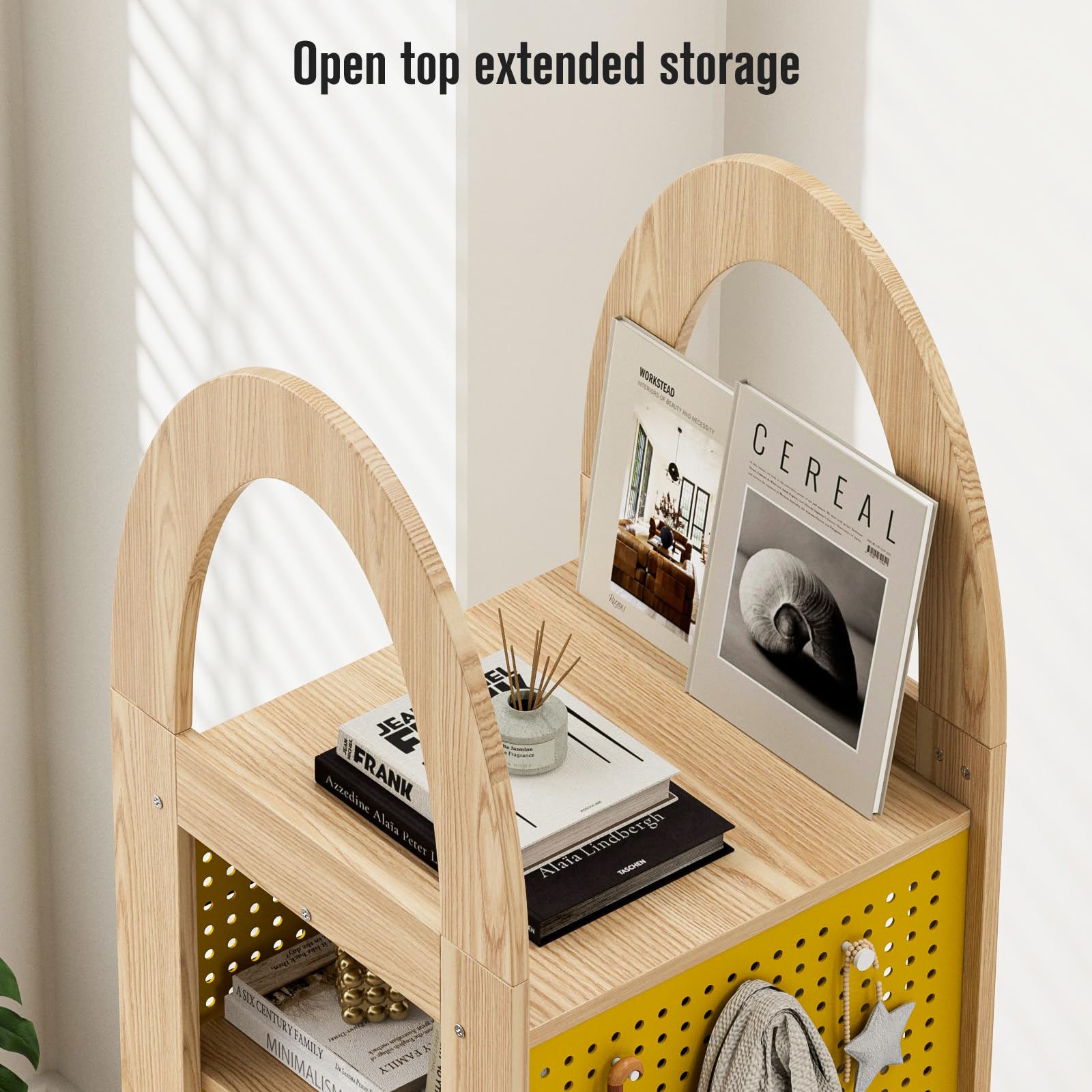 PulSpeed 360° Rotating Bookshelf 59" Tall - 4-Tier Solid Beech Wood & Iron Shelf DIY Pegboard, Anti-Tip Design Heavy Duty Storage for Small Space/Office/Living Room/Nursery/Apartment/Kid's Room
