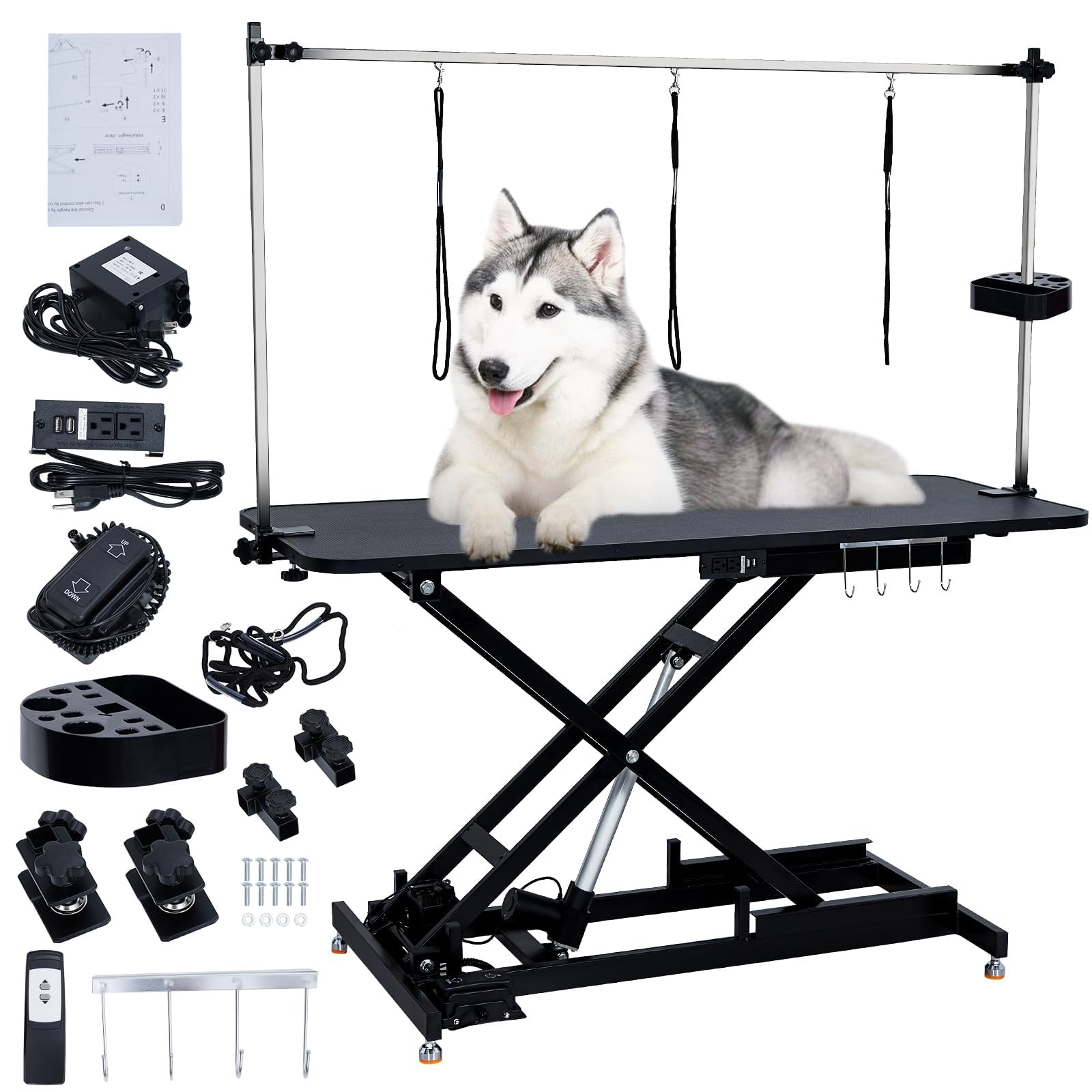 Towallmark 60" Electric Dog Grooming Table, Heavy Duty Steel Frame, Max Load 350Lbs, Professional Pet Grooming Table for Dogs & Cats, Black, Aluminum, Modern Style