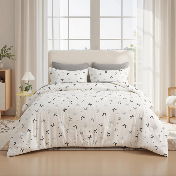 Jameswish 7 Pieces Black Bow Comforter Set for Girls Kids Soft Fluffy Bedding Set Twin Size Bed in A Bag as Gifts (1 Comforter, 1 Flat Sheet, 1 Fitted Sheet, 2 Pillowcase and 2 Pillow Sham)
