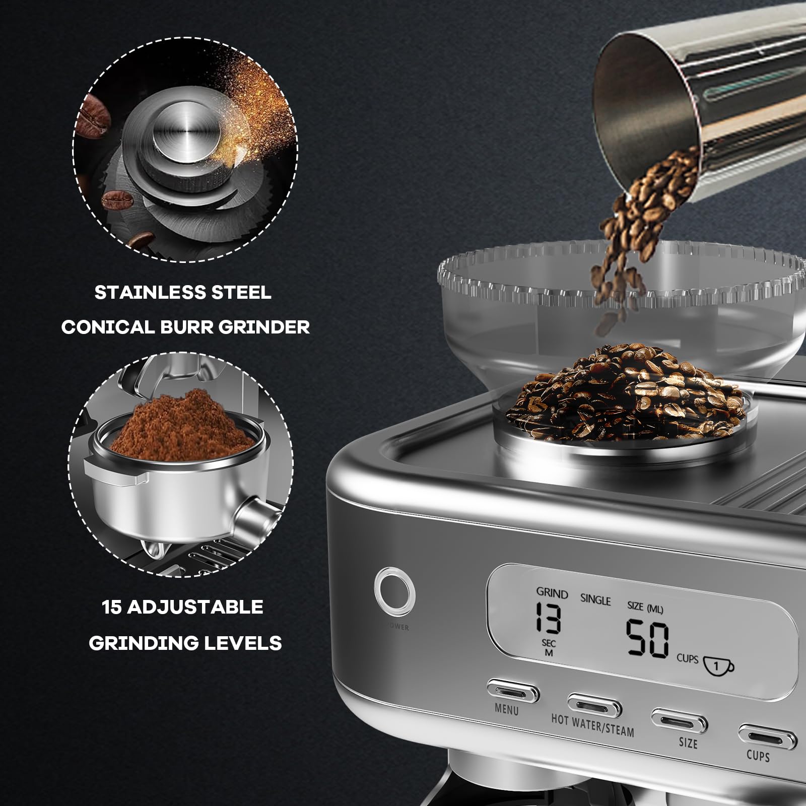 GarveeHome Semi-Automatic Espresso Machine, Coffee Machine with Grinder and Steam Milk Frother, LCD Smart Screen Espresso Maker with 78 Oz Removable Water Tank for Cappuccinos and Lattes